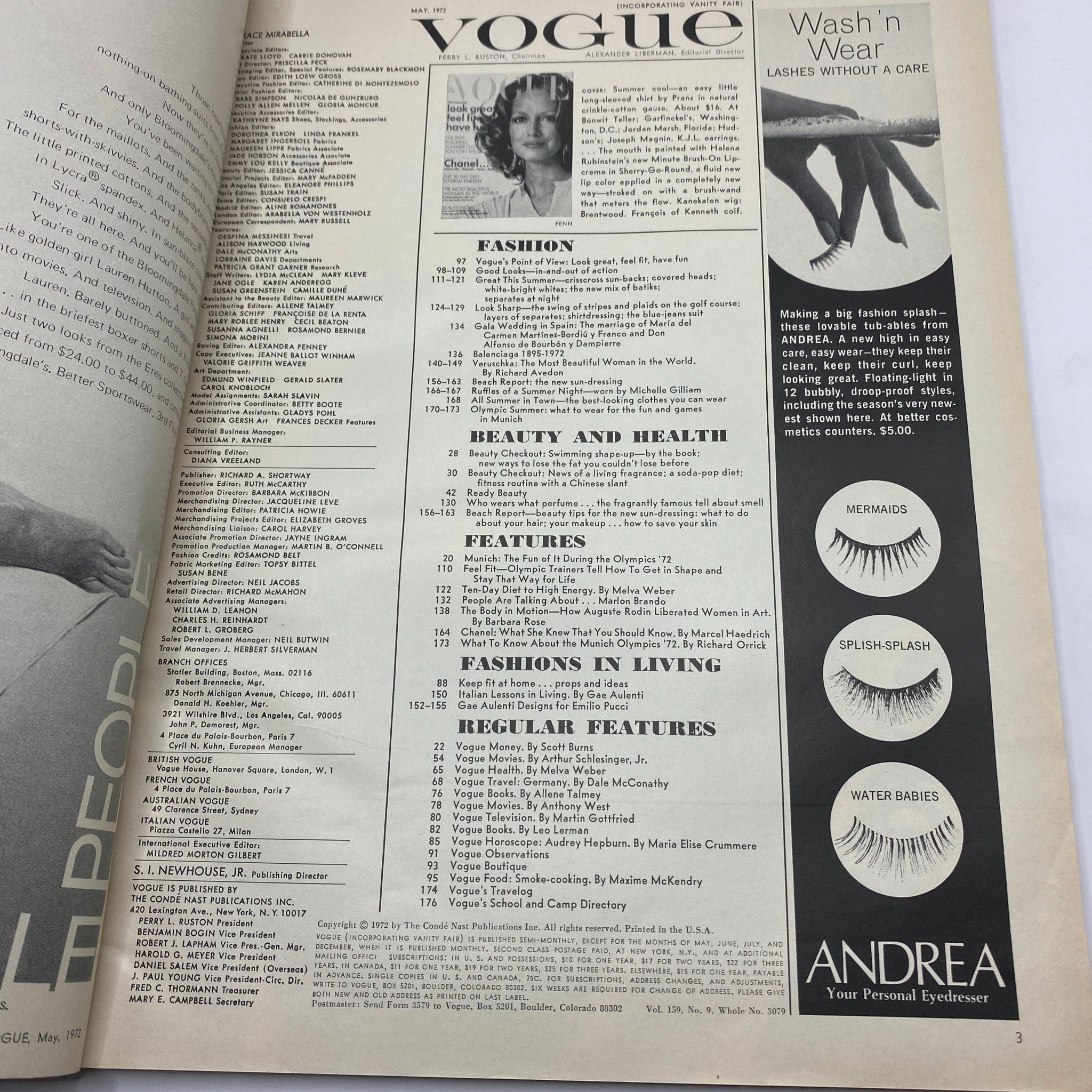 Interior page of VTG Vogue Magazine May 1972 showcasing the table of contents and an introduction to fashion topics.