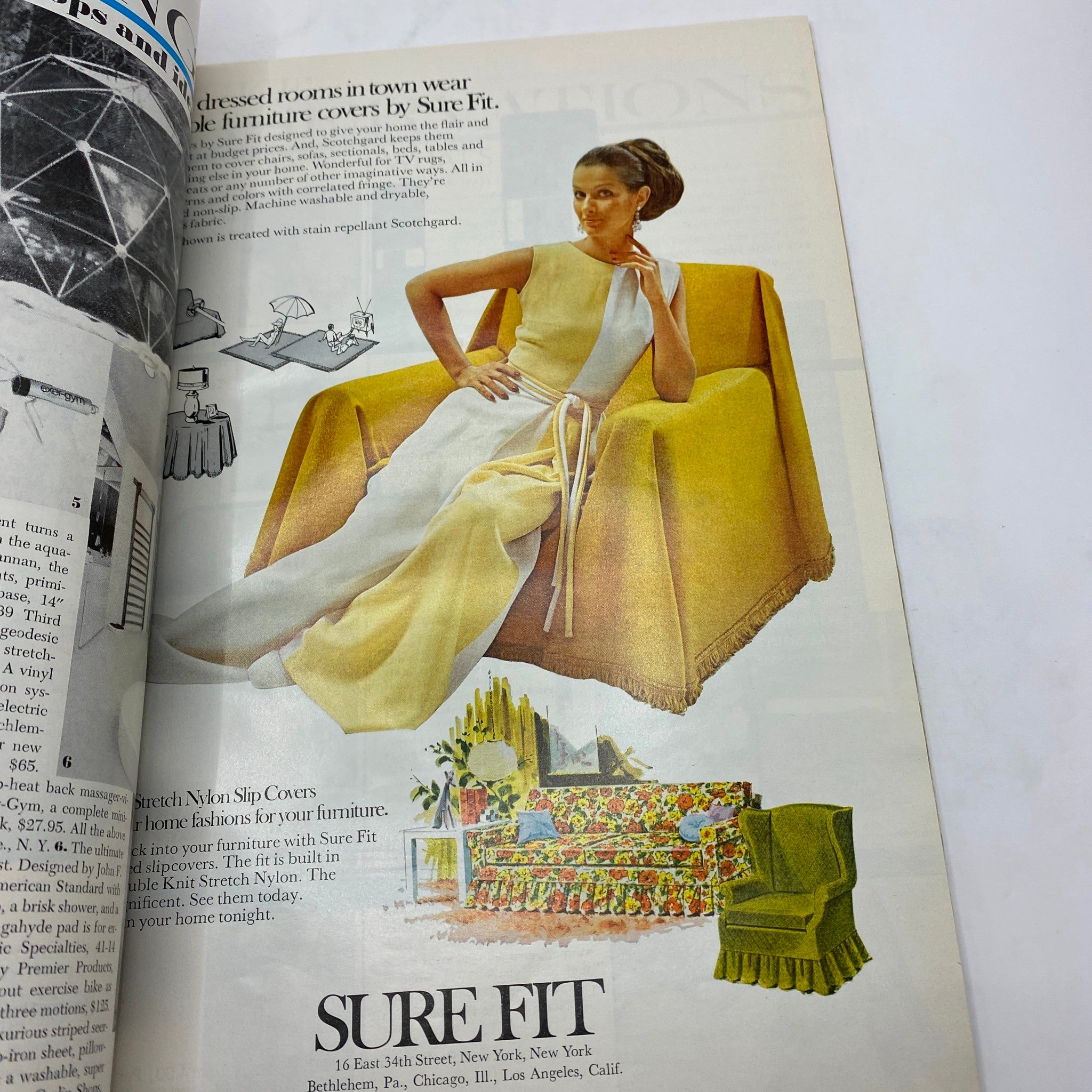 Stylish advertisement in VTG Vogue Magazine May 1972 featuring a model in a chic outfit, promoting Sure Fit furniture covers.