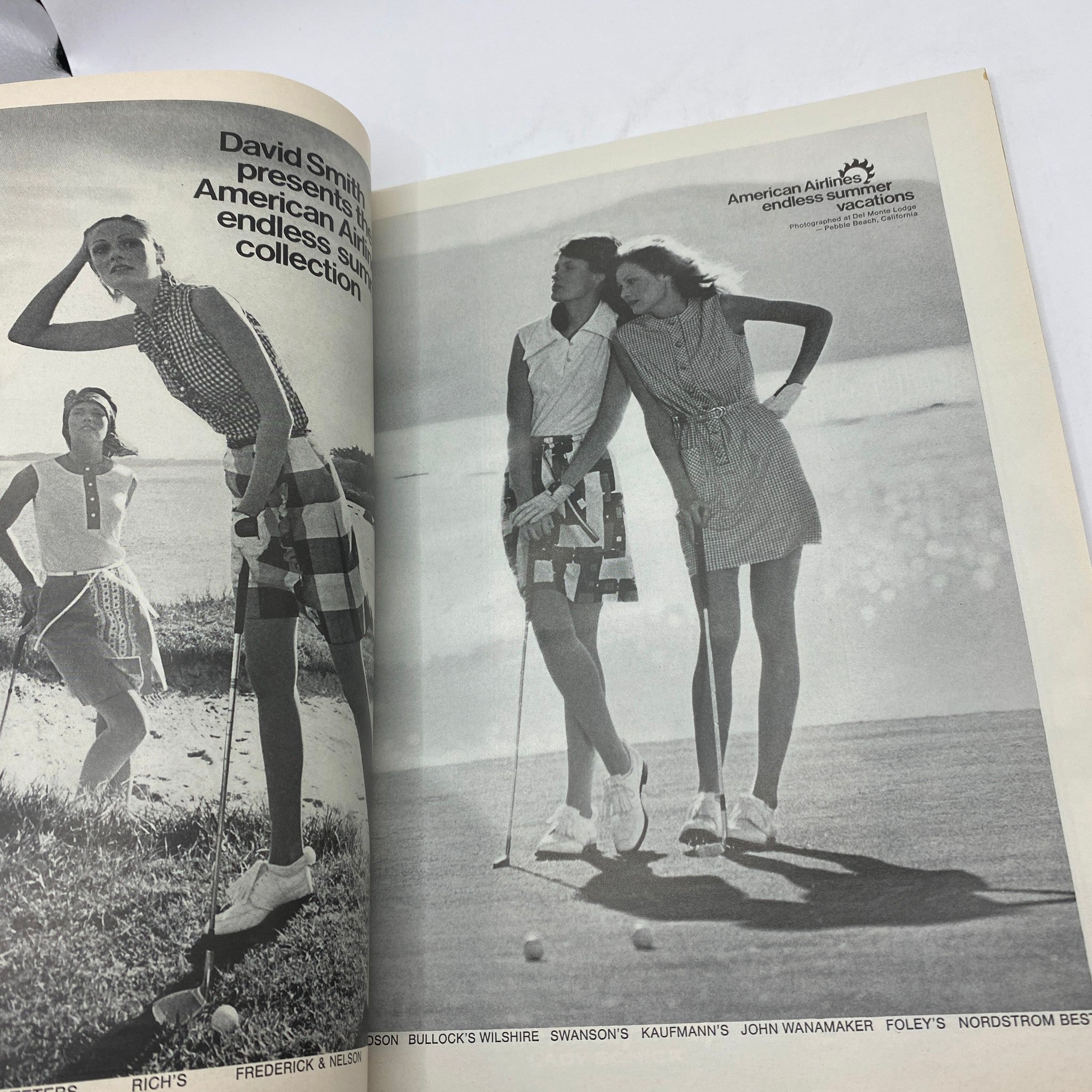 Black and white fashion spread in VTG Vogue Magazine May 1972 displaying models in summer clothing on a golf course.