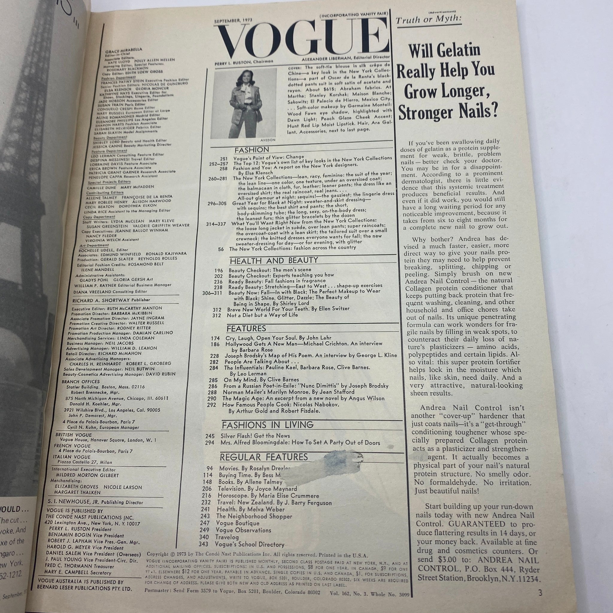 Inside page of the VTG Vogue Magazine September 1973, featuring the table of contents including fashion and beauty articles, showcasing the iconic layout and design.