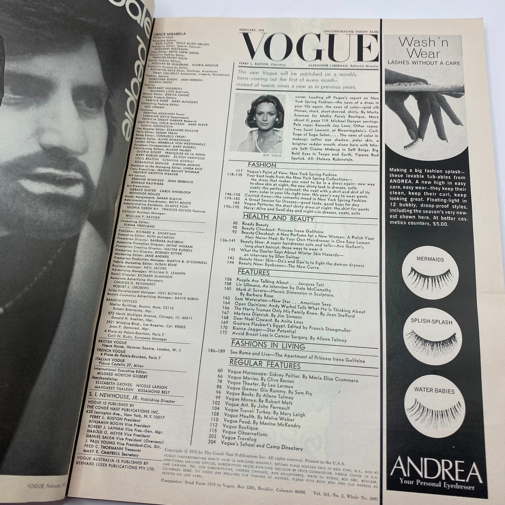 Interior page of VTG Vogue Magazine February 1973 showing editorial content and a beauty product advertisement.