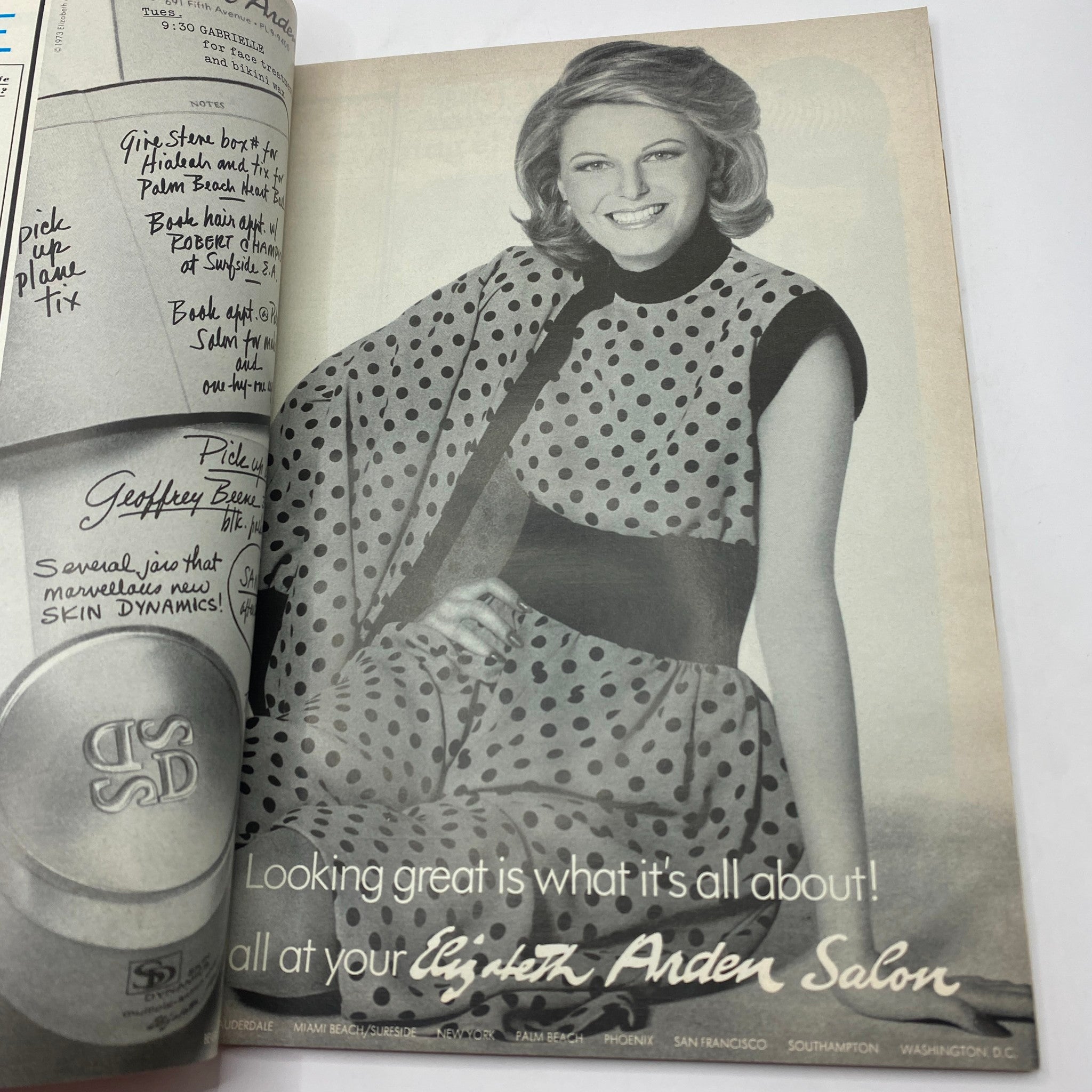 Fashion advertisement in VTG Vogue Magazine February 1973 featuring a model in polka dots at an Elizabeth Arden salon.