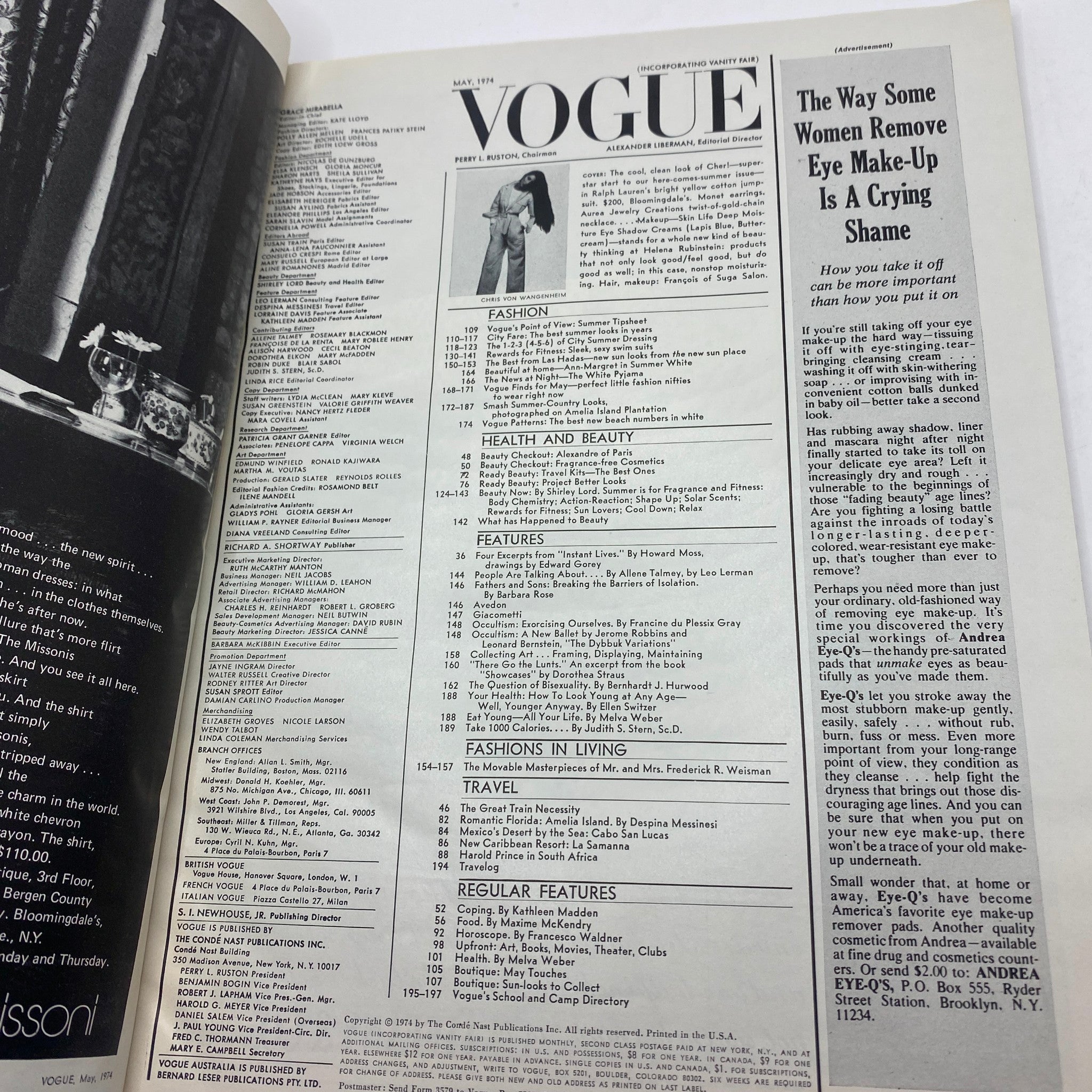 Inside page of the VTG Vogue Magazine May 1974 featuring a table of contents and fashion listings.