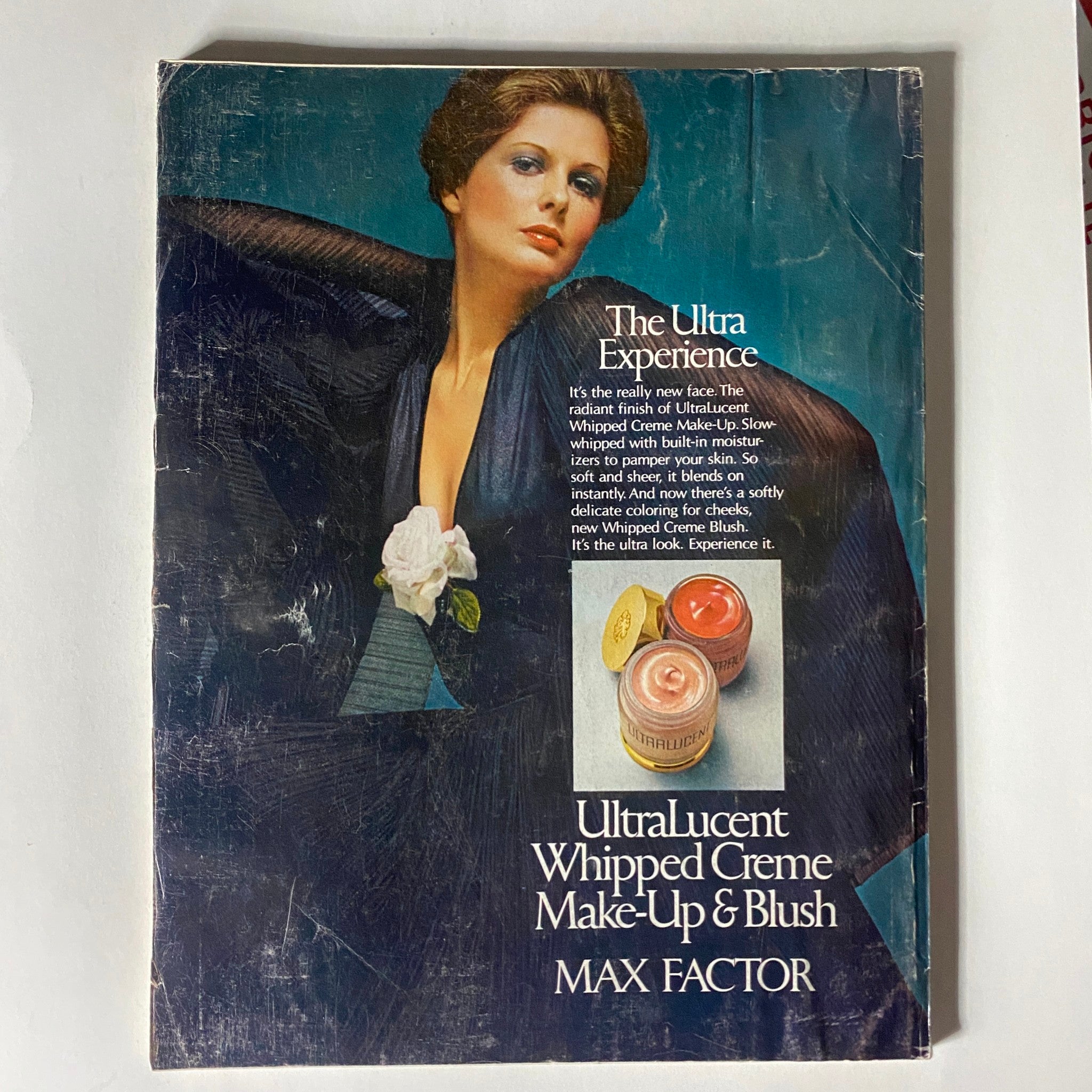 Vintage advertisement in the VTG Vogue Magazine May 1974 for Max Factor's Ultralucent Whipped Creme Make-Up & Blush.