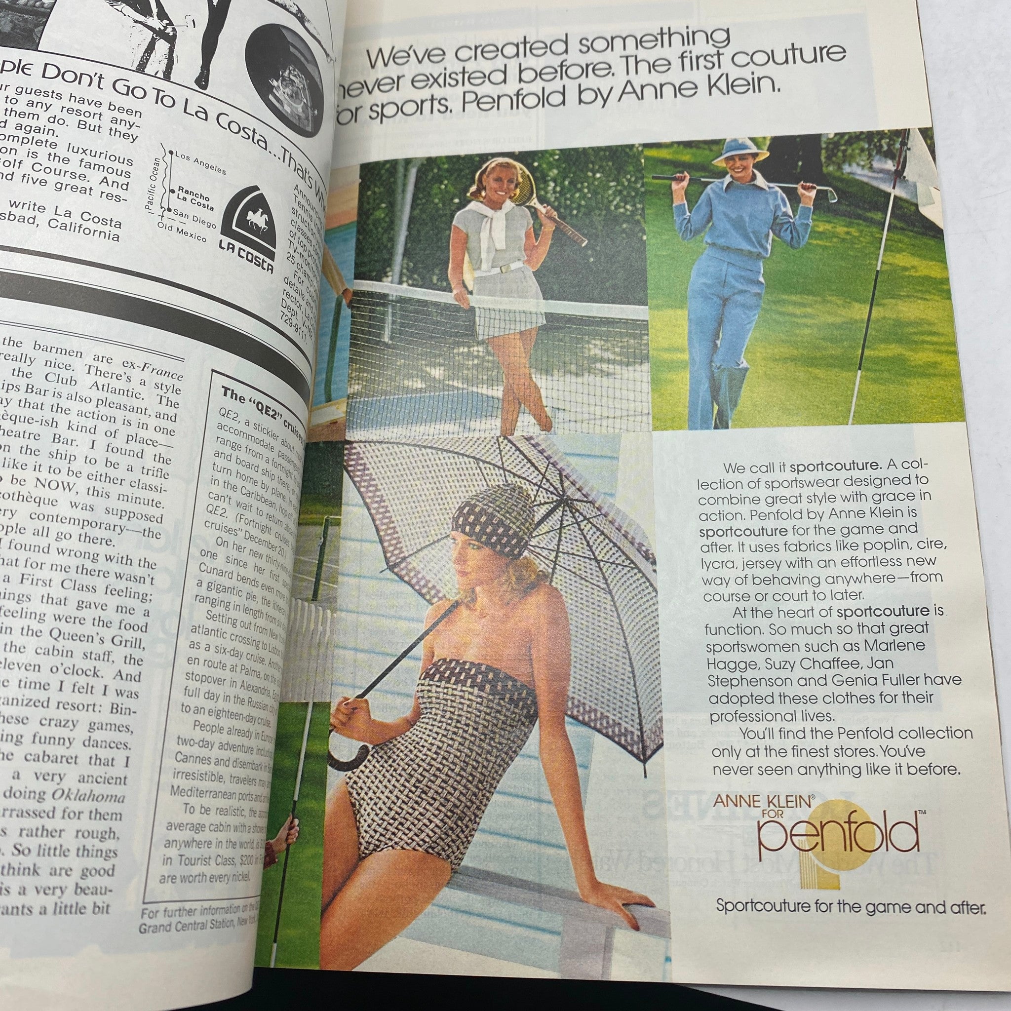 Fashion advertisement page in December 1975 VTG Vogue Magazine presenting a sporty collection from Anne Klein, highlighting stylish swimwear and outdoor apparel.