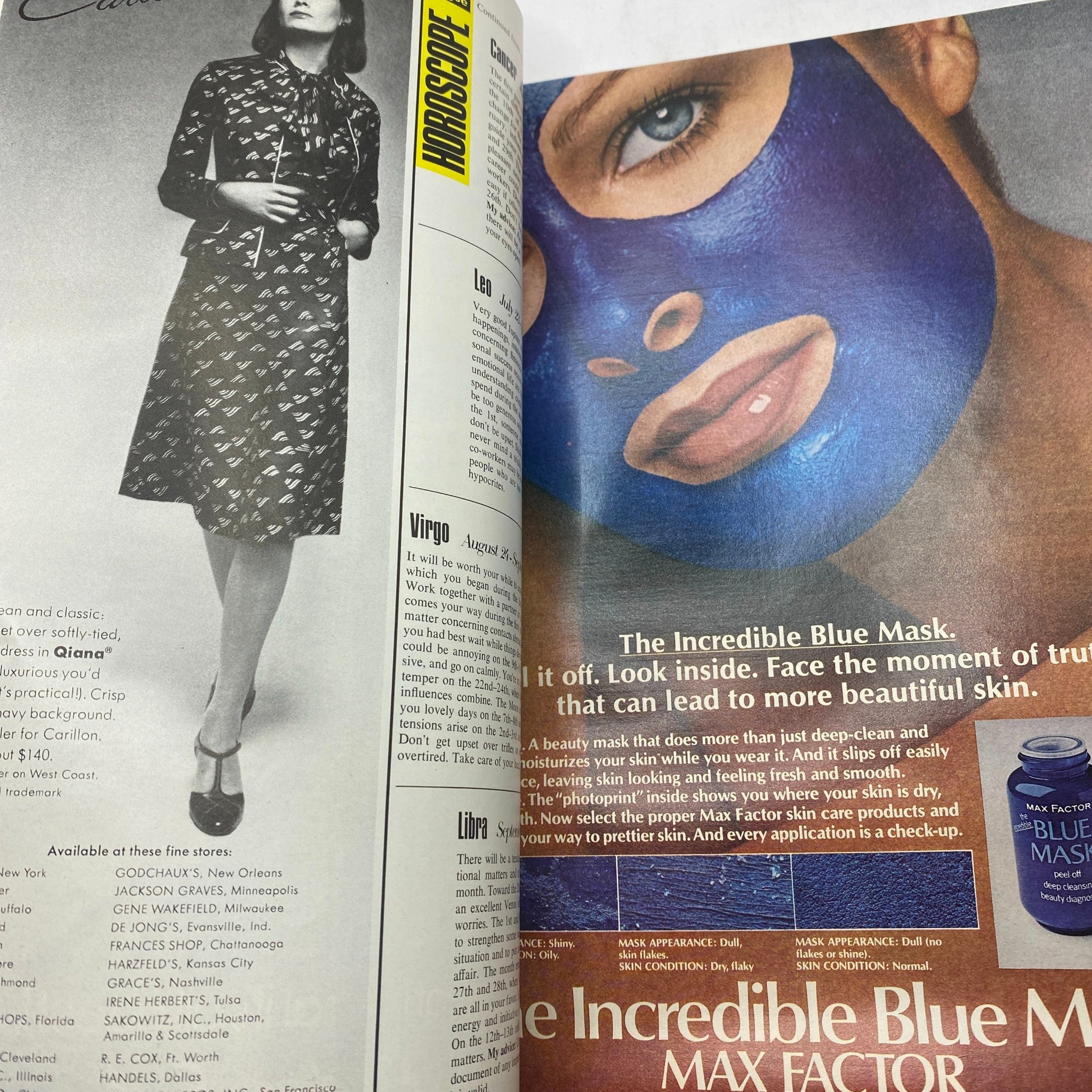 Interior spread from VTG Vogue Magazine February 1976 featuring a fashion advertisement for Max Factor, showcasing beauty trends of the 1970s.