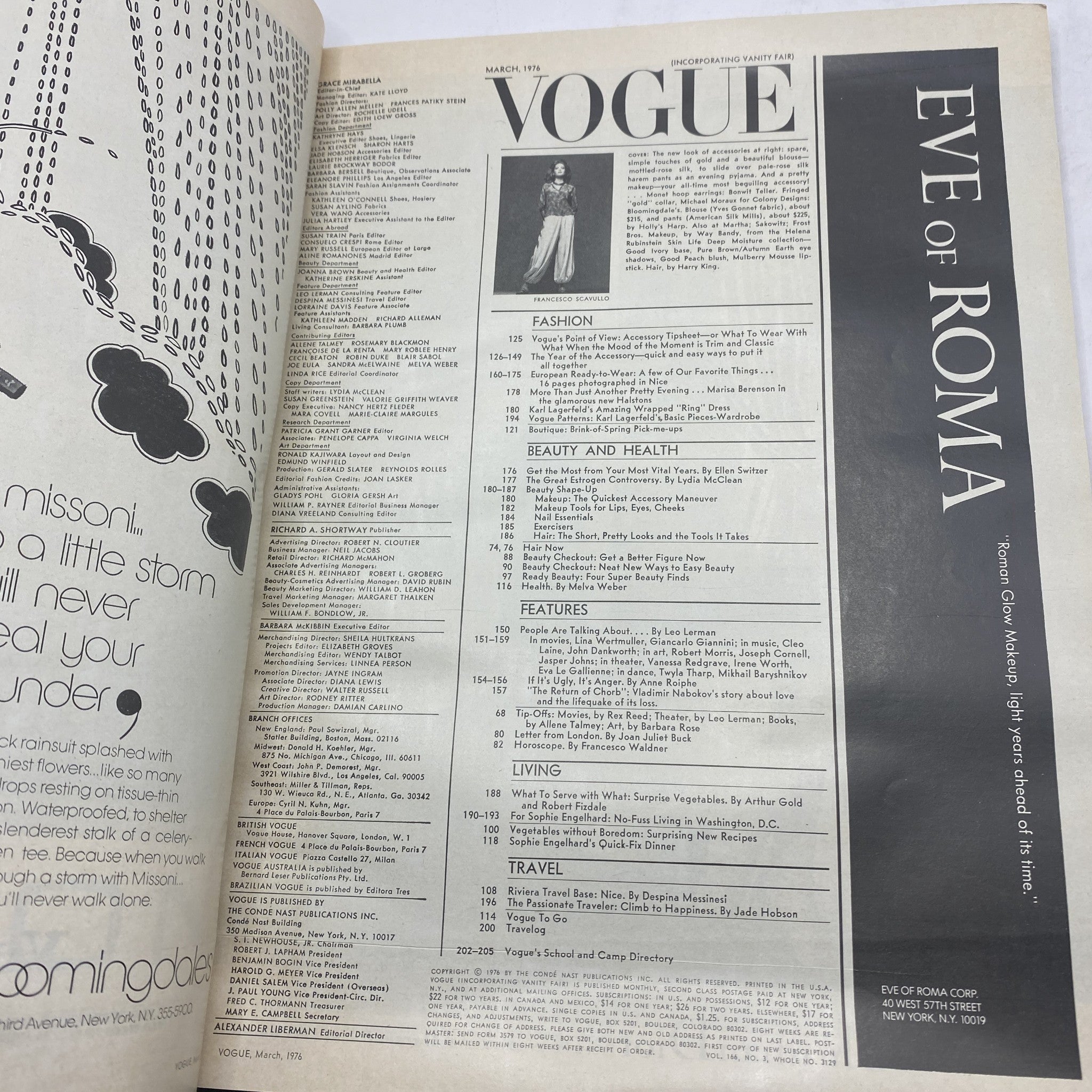 Interior page of VTG Vogue Magazine March 1976 featuring fashion index and articles listed alongside a black-and-white photo of a model by Francesco Scavullo.