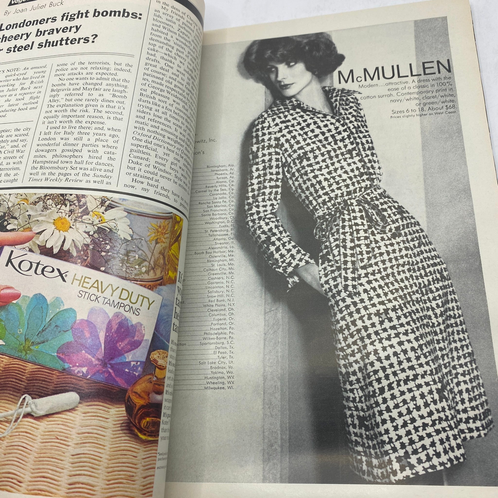 Fashion feature from VTG Vogue Magazine March 1976 showcasing a model in a stylish black and white patterned dress, representing 70s fashion trends.