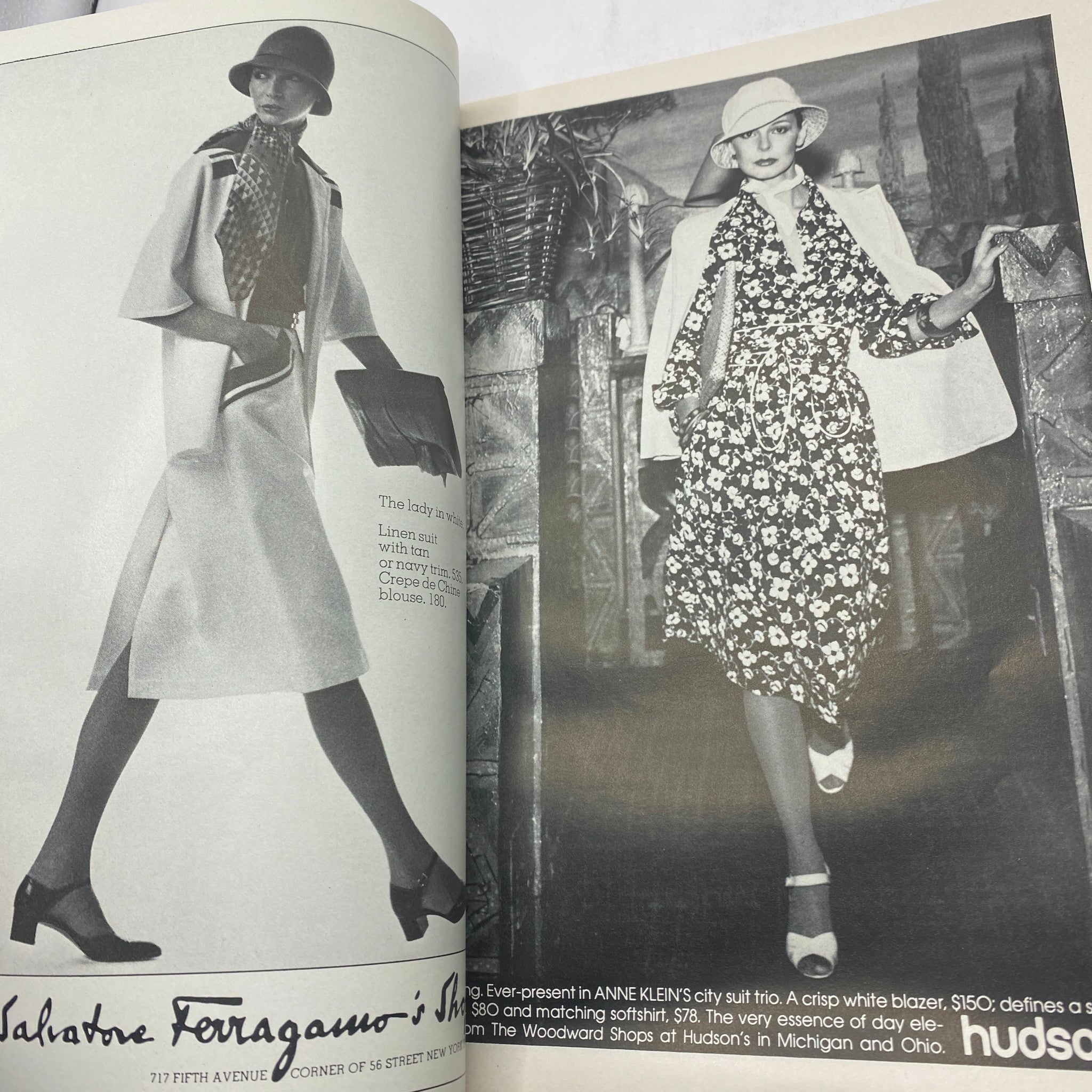 Another fashion editorial from VTG Vogue Magazine March 1976 highlighting a model in elegant attire with a floral design and sophisticated accessories.