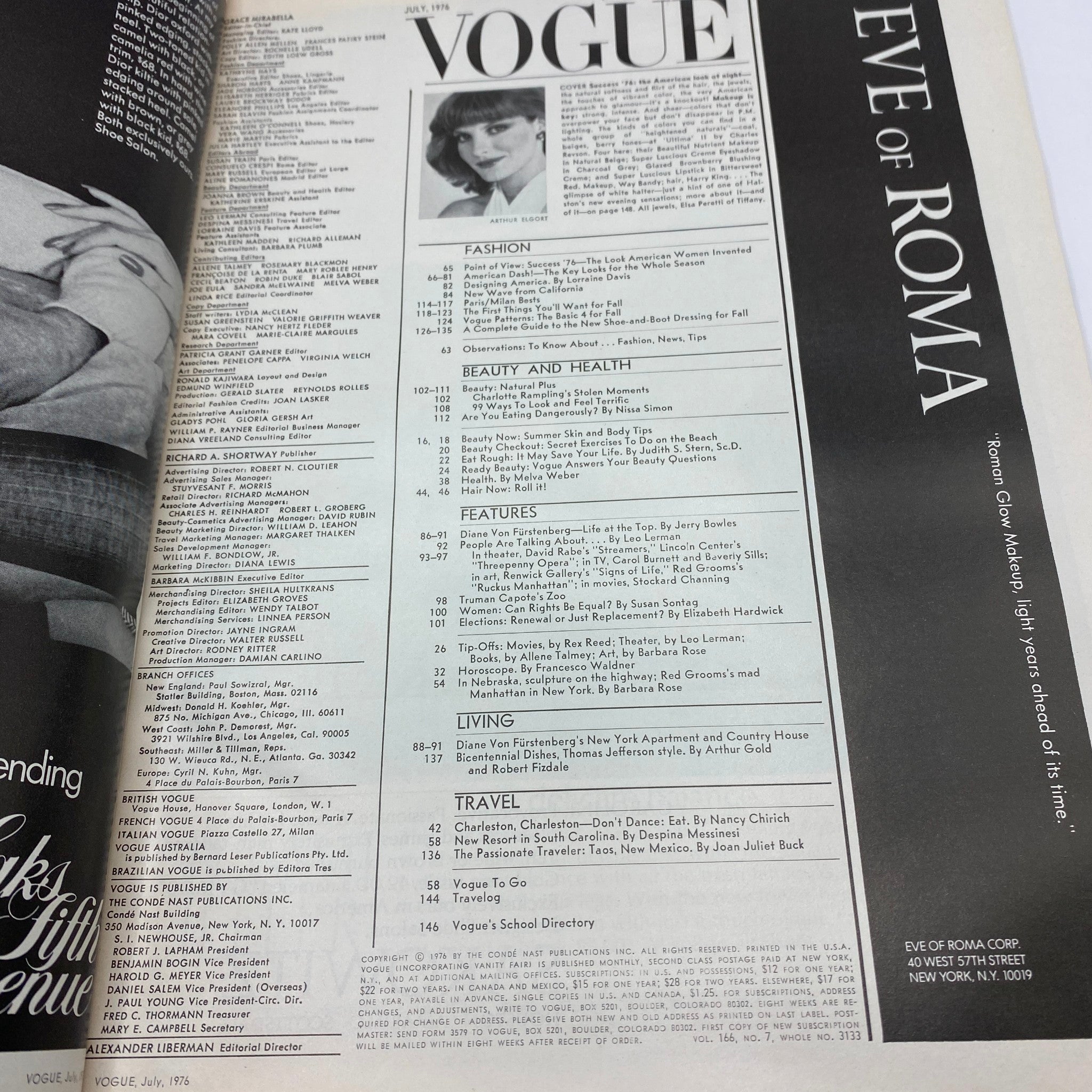 Contents page of VTG Vogue Magazine July 1976 detailing articles on fashion, beauty, and lifestyle, with a photo of Rene Russo.