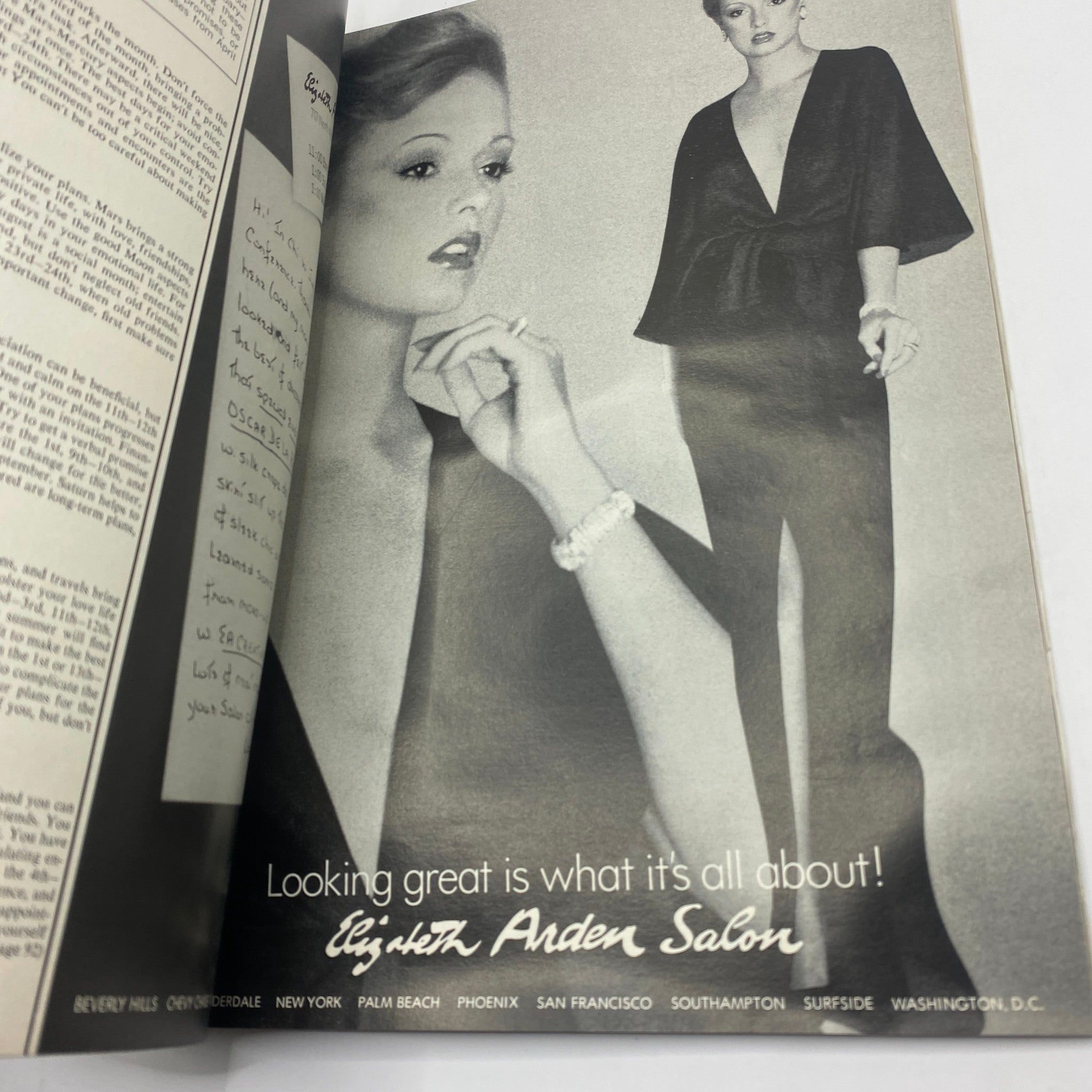 Vintage advertisement for Elizabeth Arden Salon from VTG Vogue Magazine August 1976 showcasing a glamorous model.