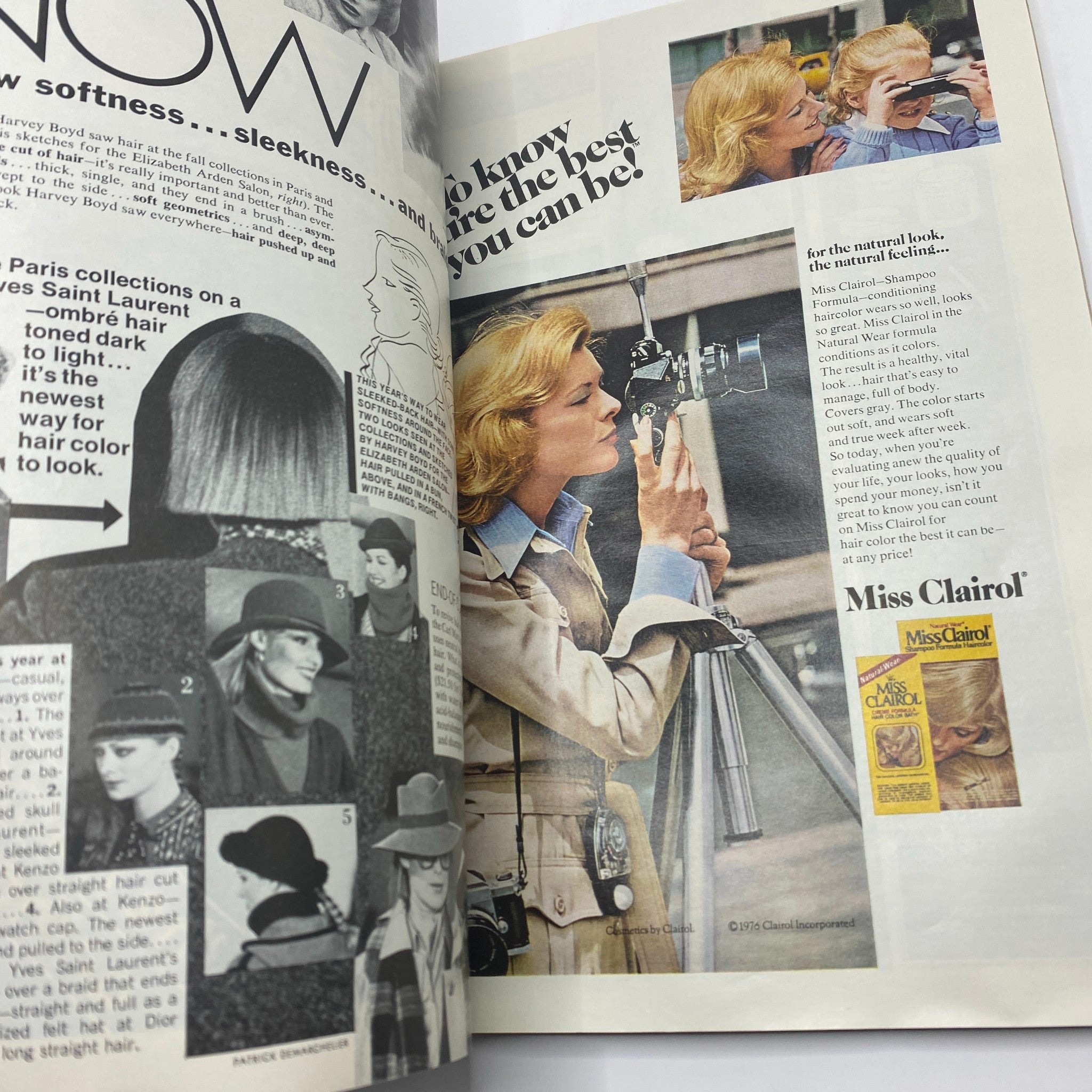 Miss Clairol hair color advertisement featuring models in VTG Vogue Magazine August 1976 showcasing hairstyles.