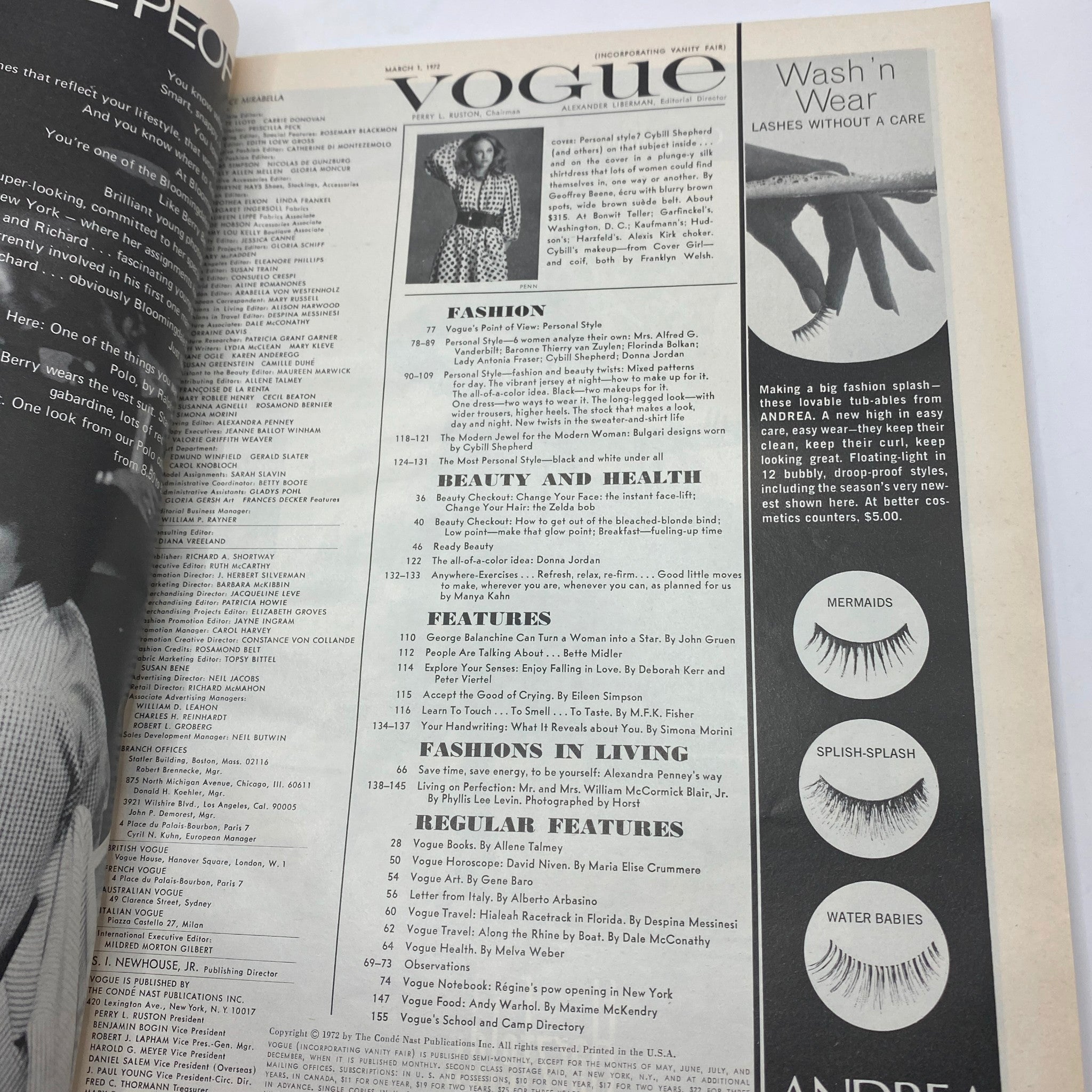 Inside page of VTG Vogue Magazine March 1, 1972 listing fashion and beauty articles, with a focus on personal style and household tips.