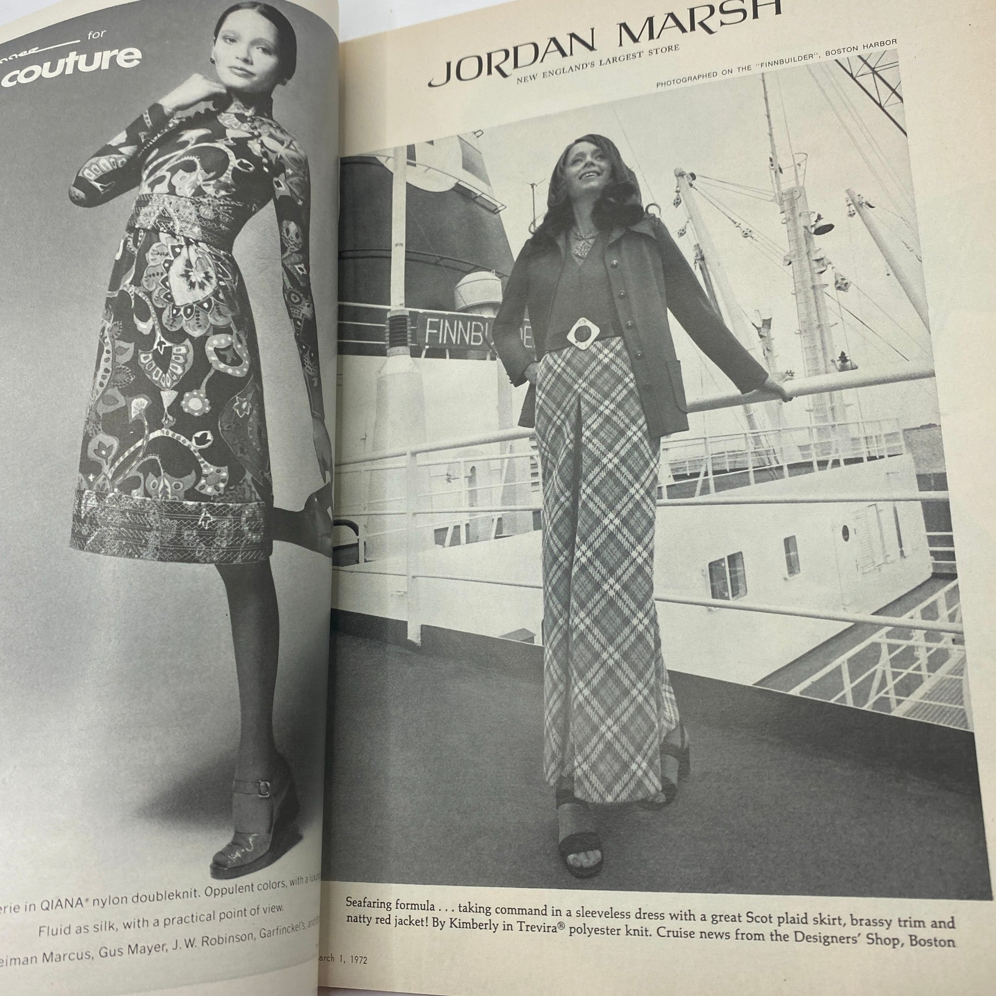 Fashion spread from VTG Vogue Magazine March 1, 1972 displaying 1970s styles with models in fashionable outfits near the Boston Harbor.