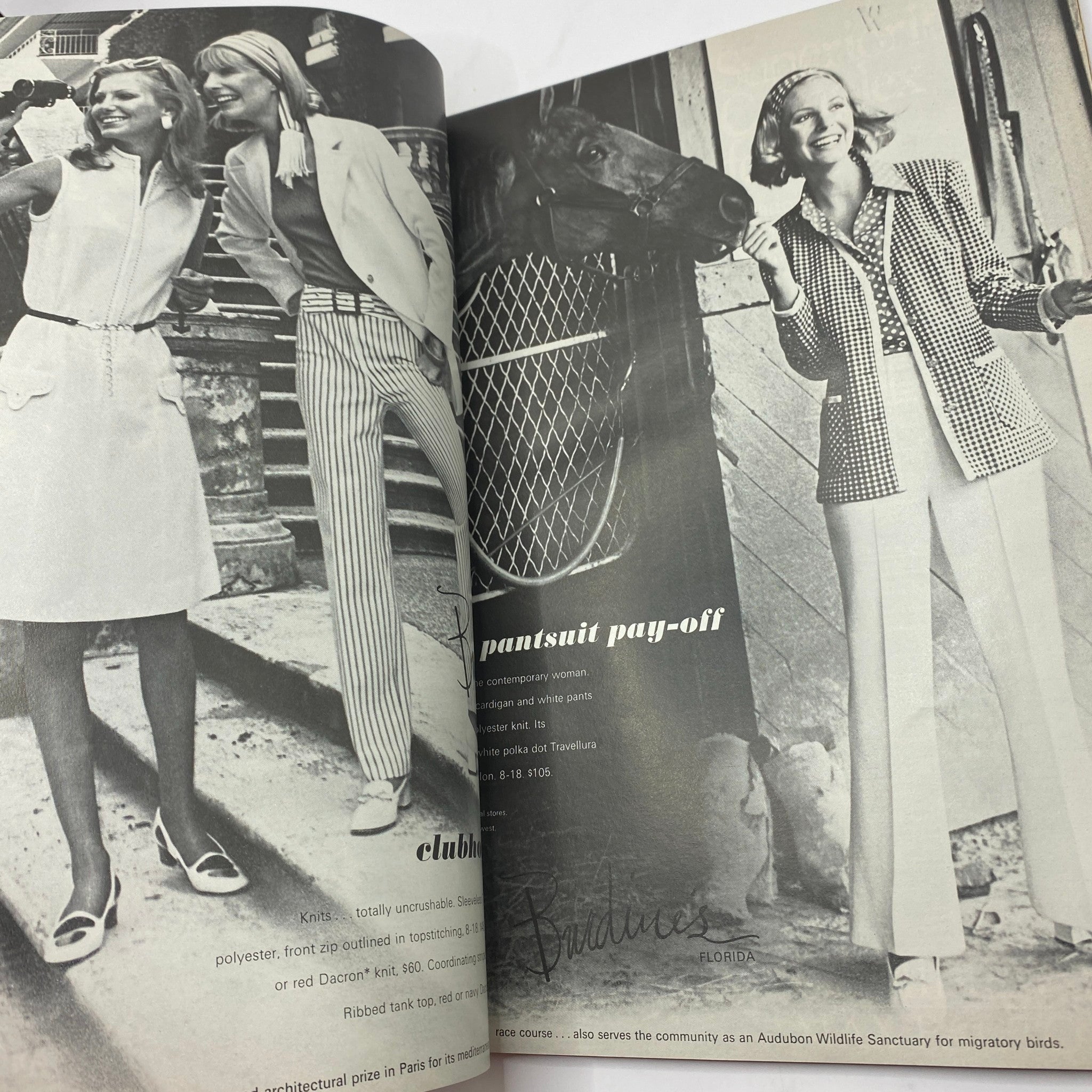 Black and white fashion advertisement from VTG Vogue Magazine March 1, 1972 featuring women in stylish attire beside a horse, emphasizing contemporary fashion.