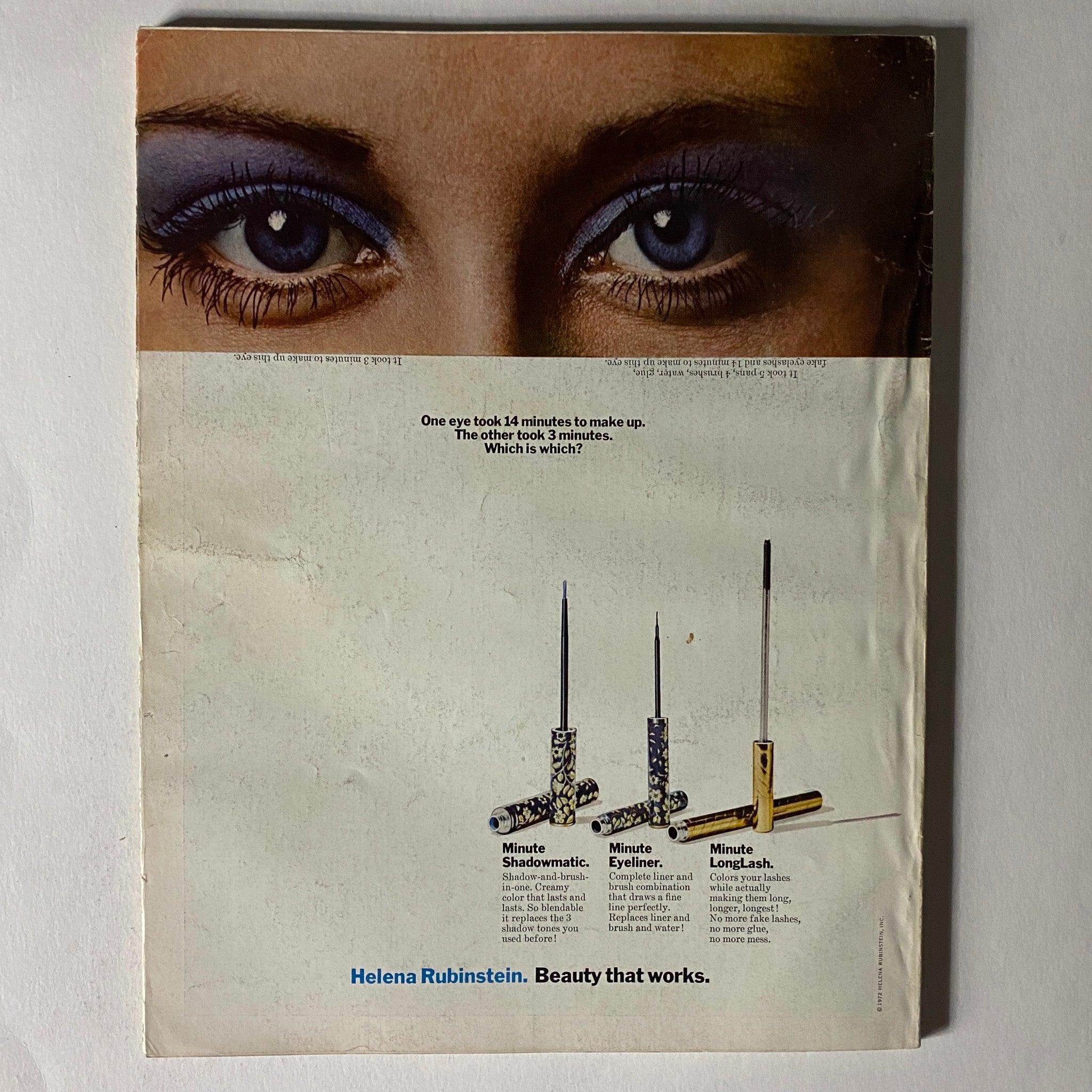 Back cover of VTG Vogue Magazine March 1, 1972 showcasing a beauty advertisement by Helena Rubinstein with an eye-catching design and dramatic makeup.