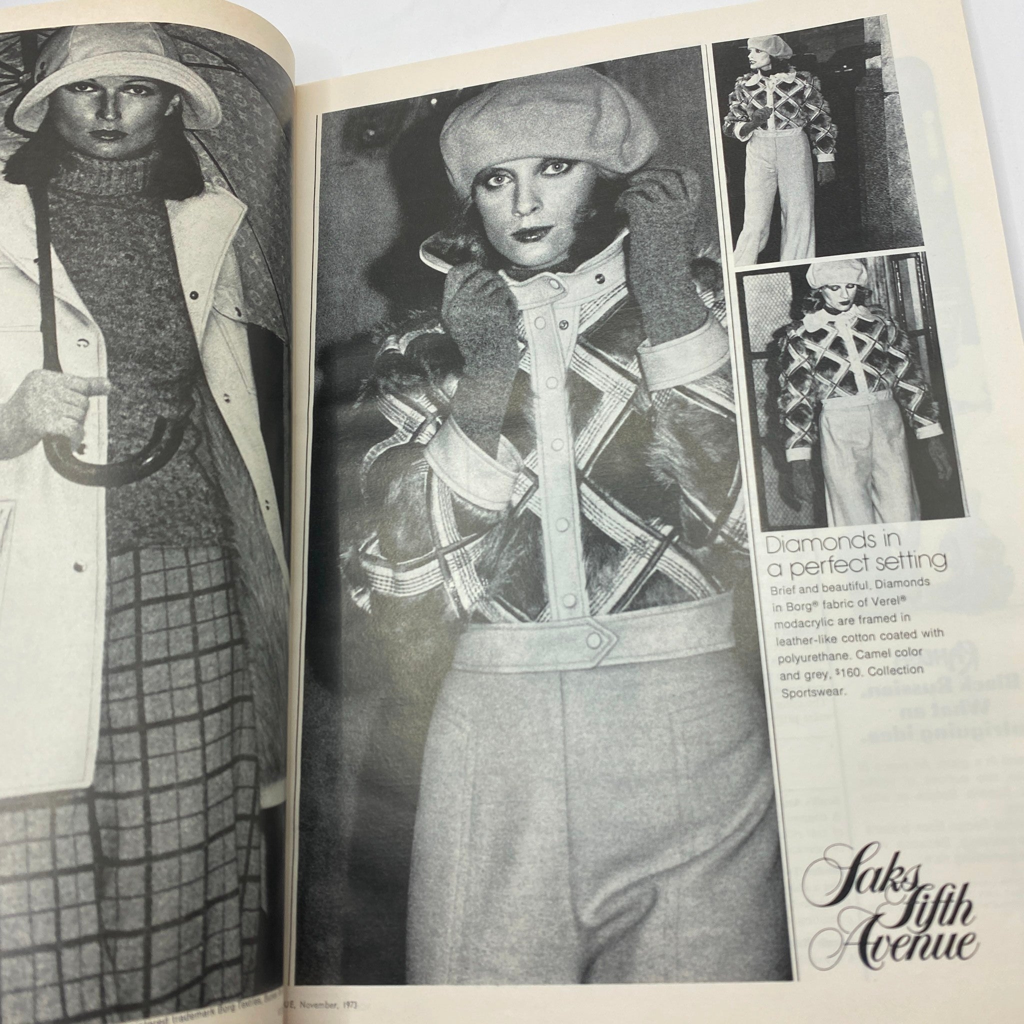 Fashion spread from VTG Vogue Magazine November 1973 featuring models showcasing stylish outfits, including outerwear and accessories, reflecting bold fashion trends of the 1970s.