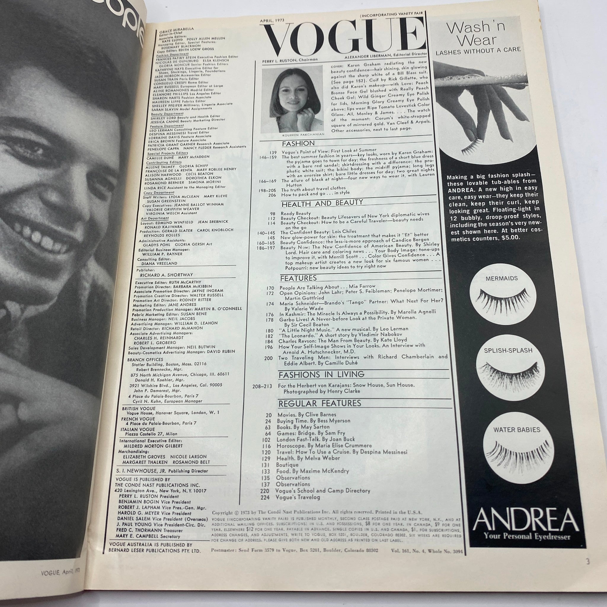 Inside page of VTG Vogue Magazine April 1973 showing the table of contents, showcasing layout and editorial features along with photography credits.