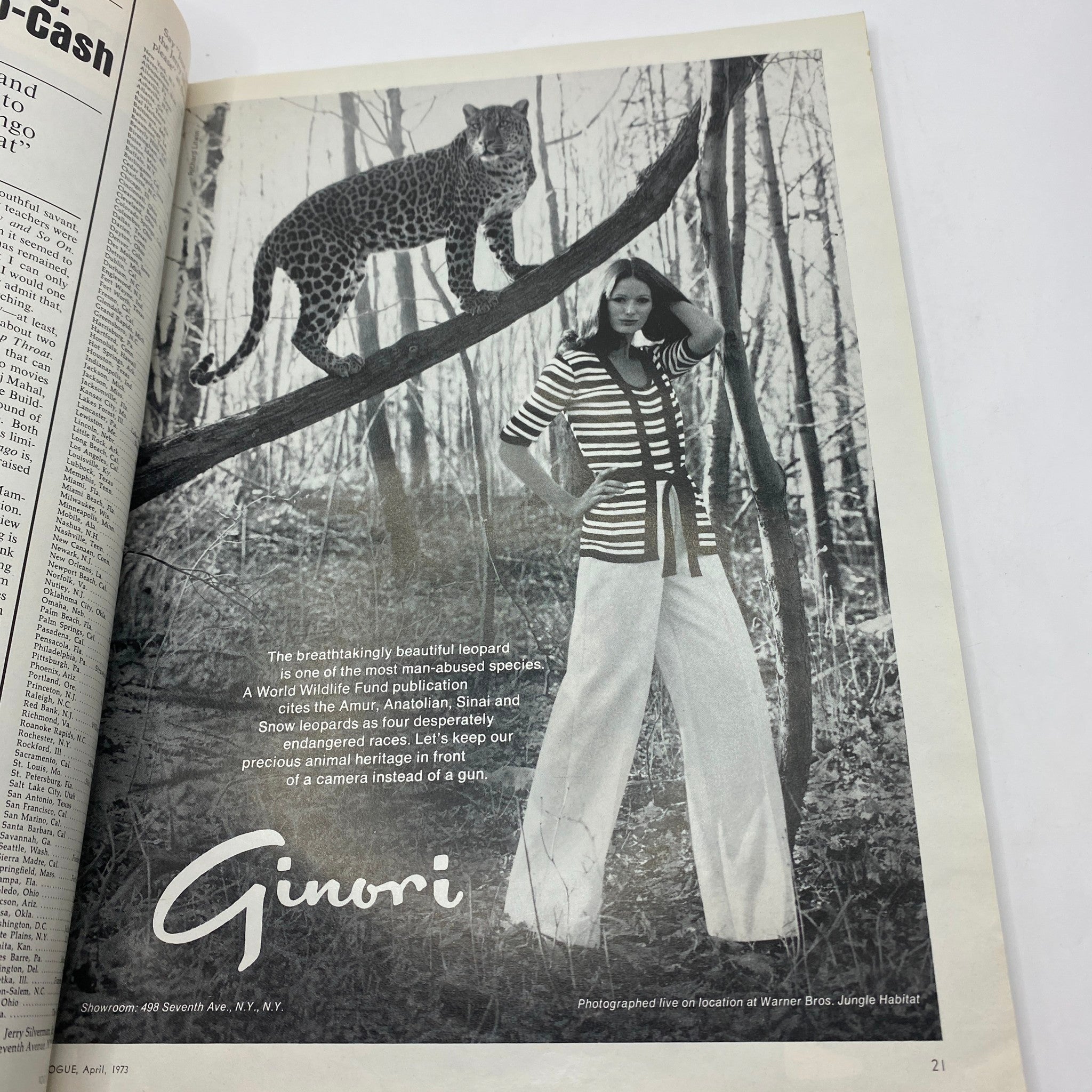 VTG Vogue Magazine April 1973 featuring a model with a leopard, showcasing vintage fashion photography by Kourken Pakchanian.