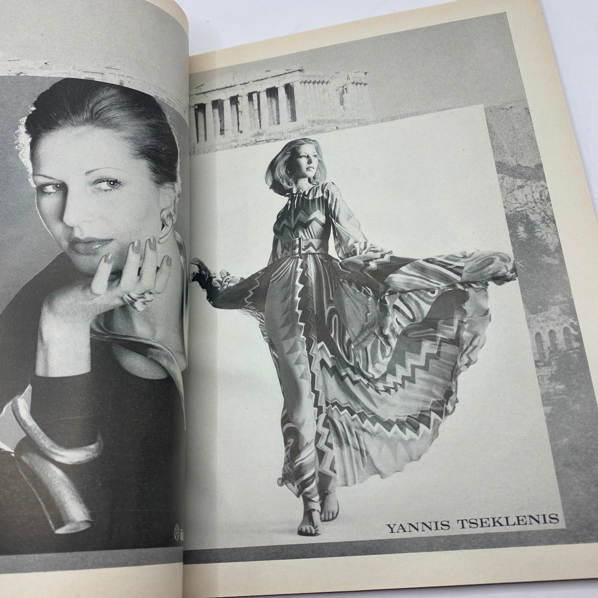 VTG Vogue Magazine April 1973 with an elegant model wearing a Yannis Tseklenis design, depicting classic 70s fashion.