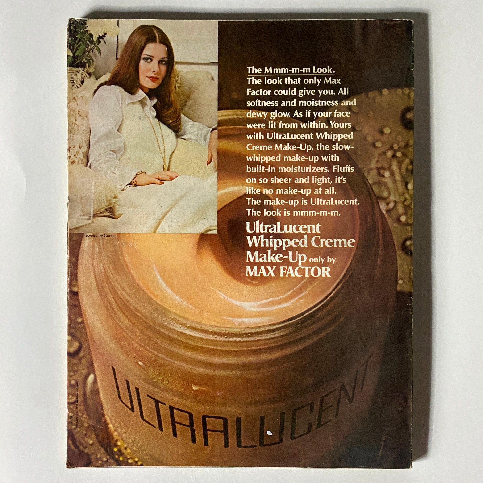 VTG Vogue Magazine April 1973 promotional advertisement for Max Factor Ultralucent Whipped Creme Make-Up, highlighting vintage makeup trends.