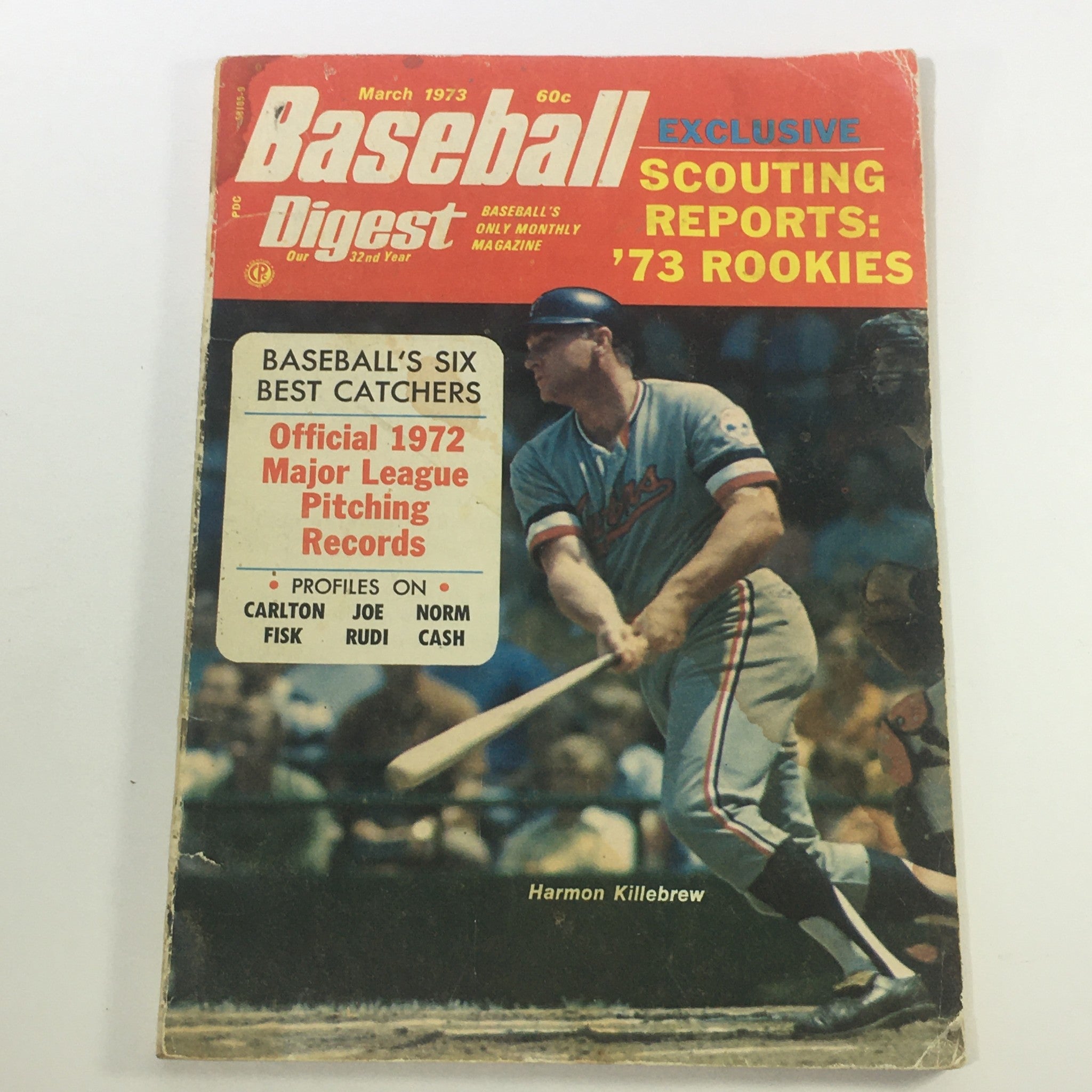 Vintage Baseball Digest Magazine from March 1973 featuring Harmon Killebrew on the cover, showcasing baseball history and culture.