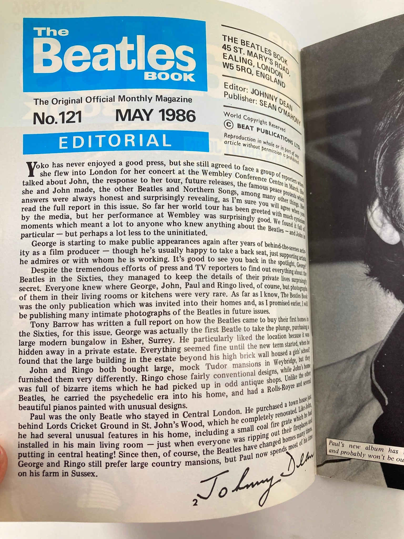 Interior editorial spread from The Beatles Book Monthly Magazine May 1986 Issue #121, discussing Yoko Ono and The Beatles' private lives.
