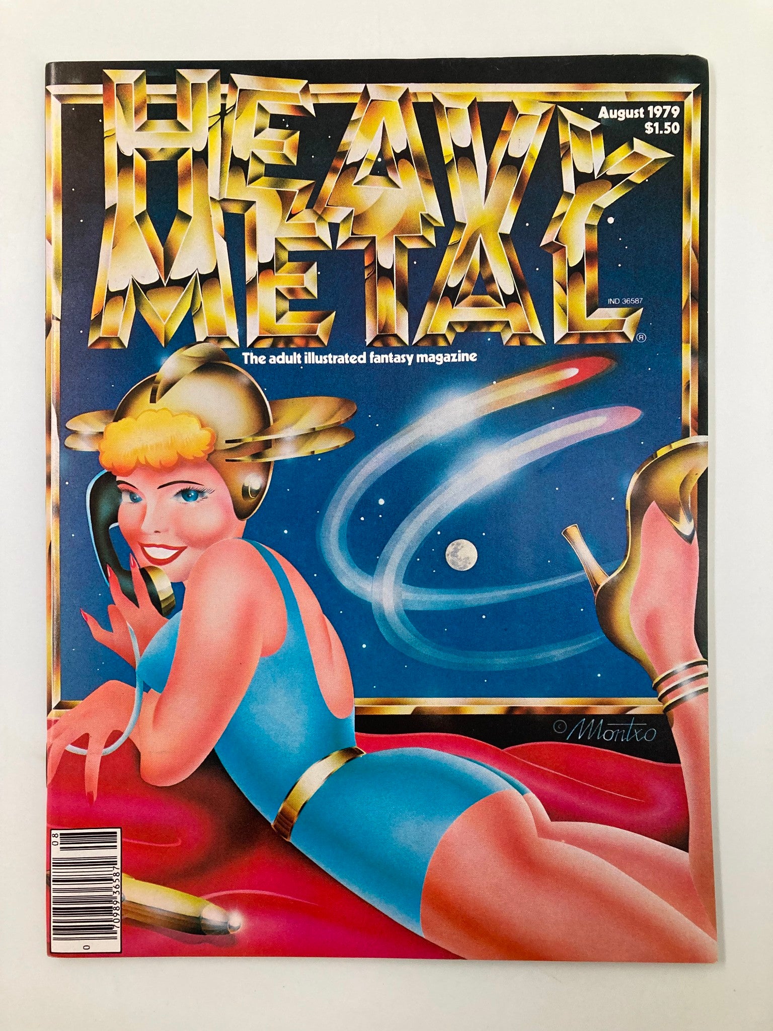 Cover of VTG Heavy Metal Magazine August 1979 titled 'Don't Burn' by Mantxo Algora, featuring vibrant artwork of a blonde woman in a blue swimsuit against a cosmic background.