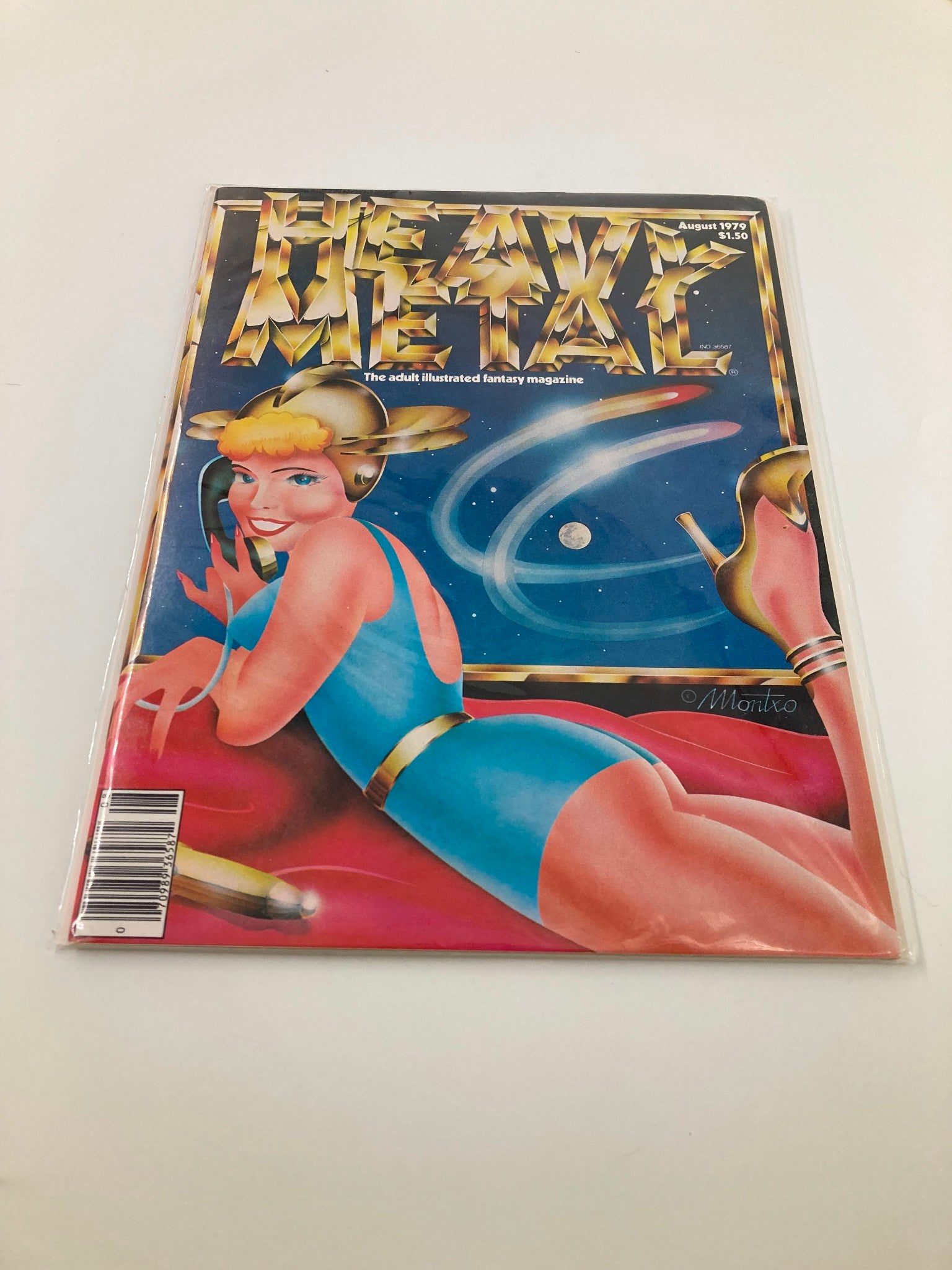 Back cover view of VTG Heavy Metal Magazine August 1979 showcasing the magazine's cover art, illustrating a blonde woman in a blue swimsuit reminiscent of 70s sci-fi aesthetics.