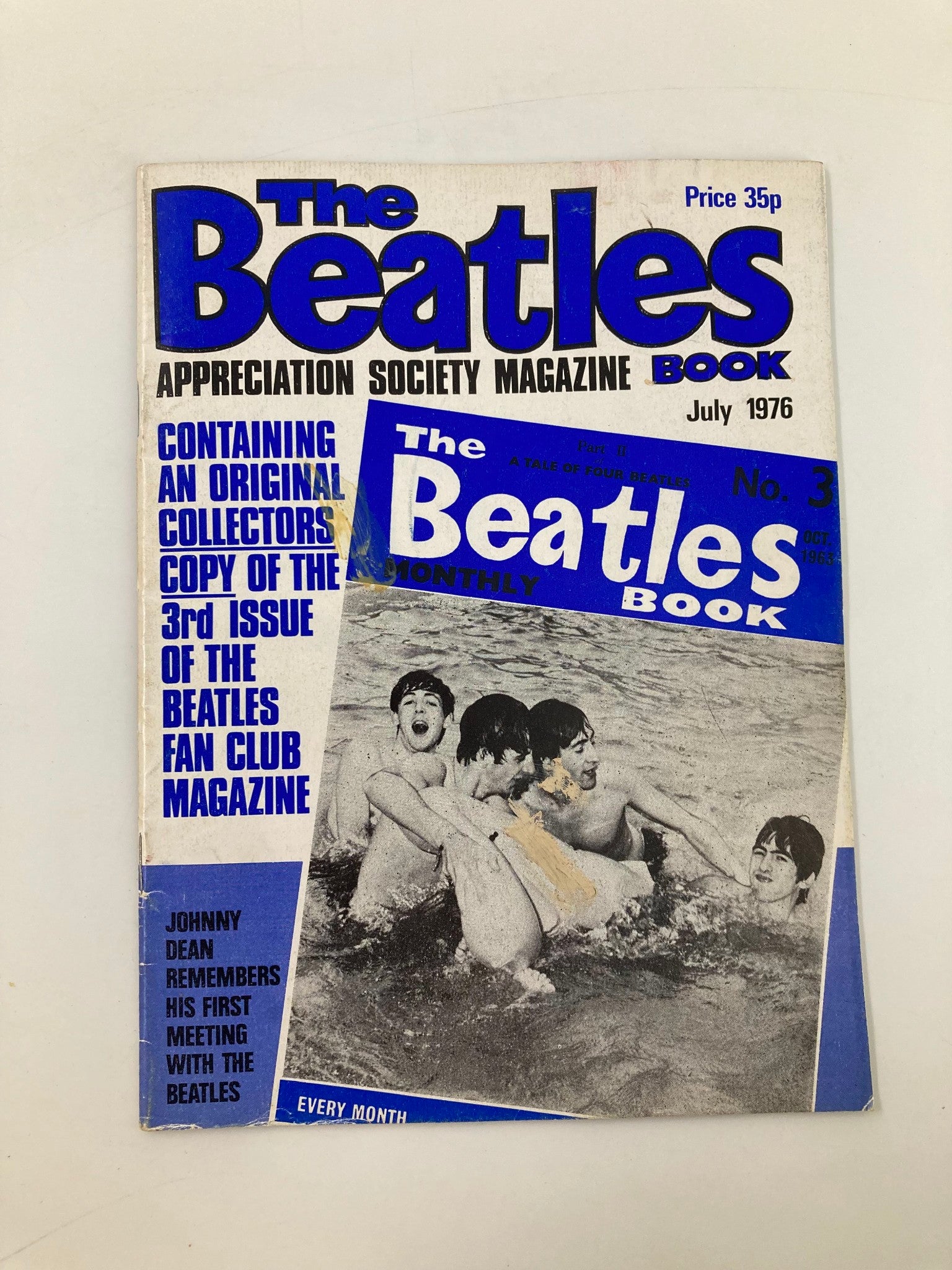 The Beatles Book Monthly Magazine July 1976 No. 3 A Tale of Four Beatles, featuring a nostalgic cover with four band members playing in water, highlighting the magazine's focus on the band's legacy and individual stories.