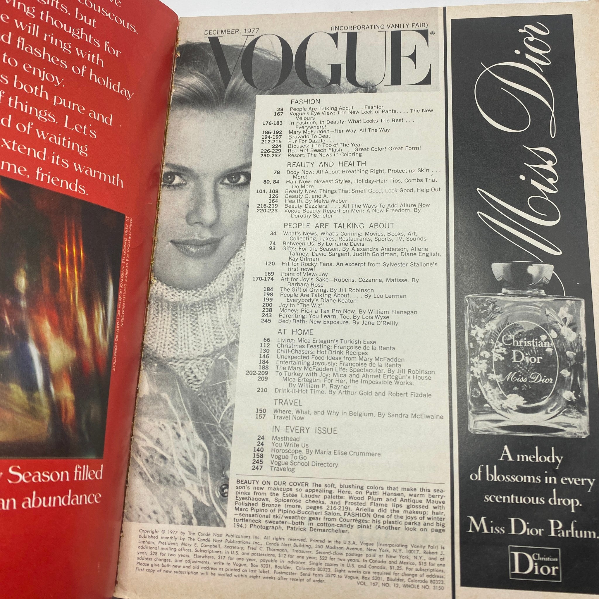 Inside page of VTG Vogue Magazine December 1977 featuring content table with beauty, fashion, and health topics, highlighting iconic trends of the late '70s.