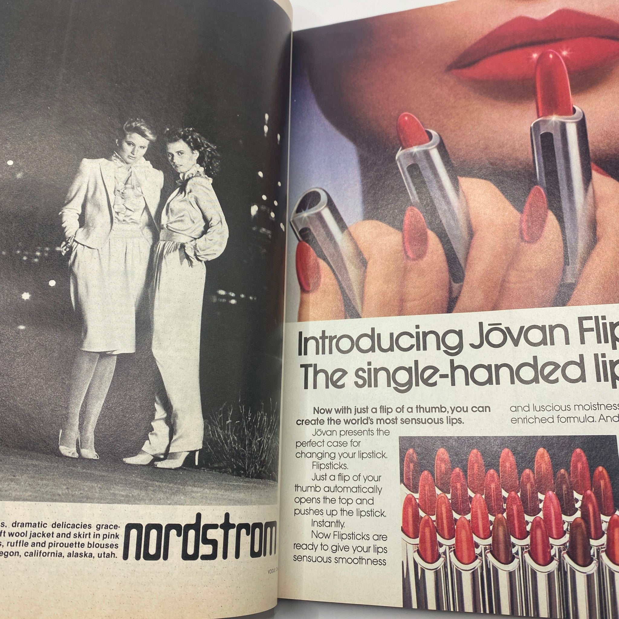 Vogue Magazine October 1980 advertisement for Jovan lipstick, featuring two models showcasing fashion from Nordstrom, emphasizing beauty products and glamorous 1980s style.