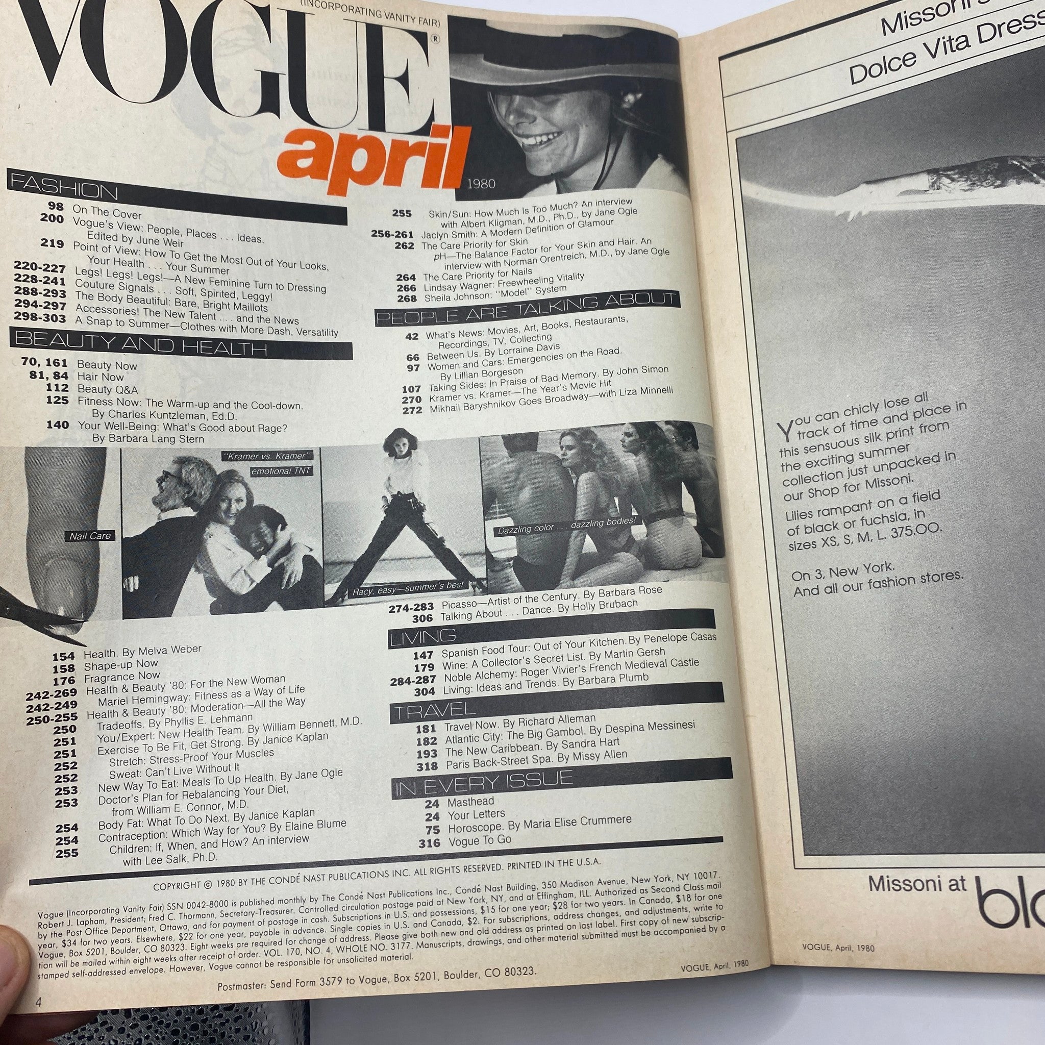 Inside contents page of VTG Vogue Magazine April 1980, highlighting articles on beauty and fashion, showcasing iconic 1980s style.
