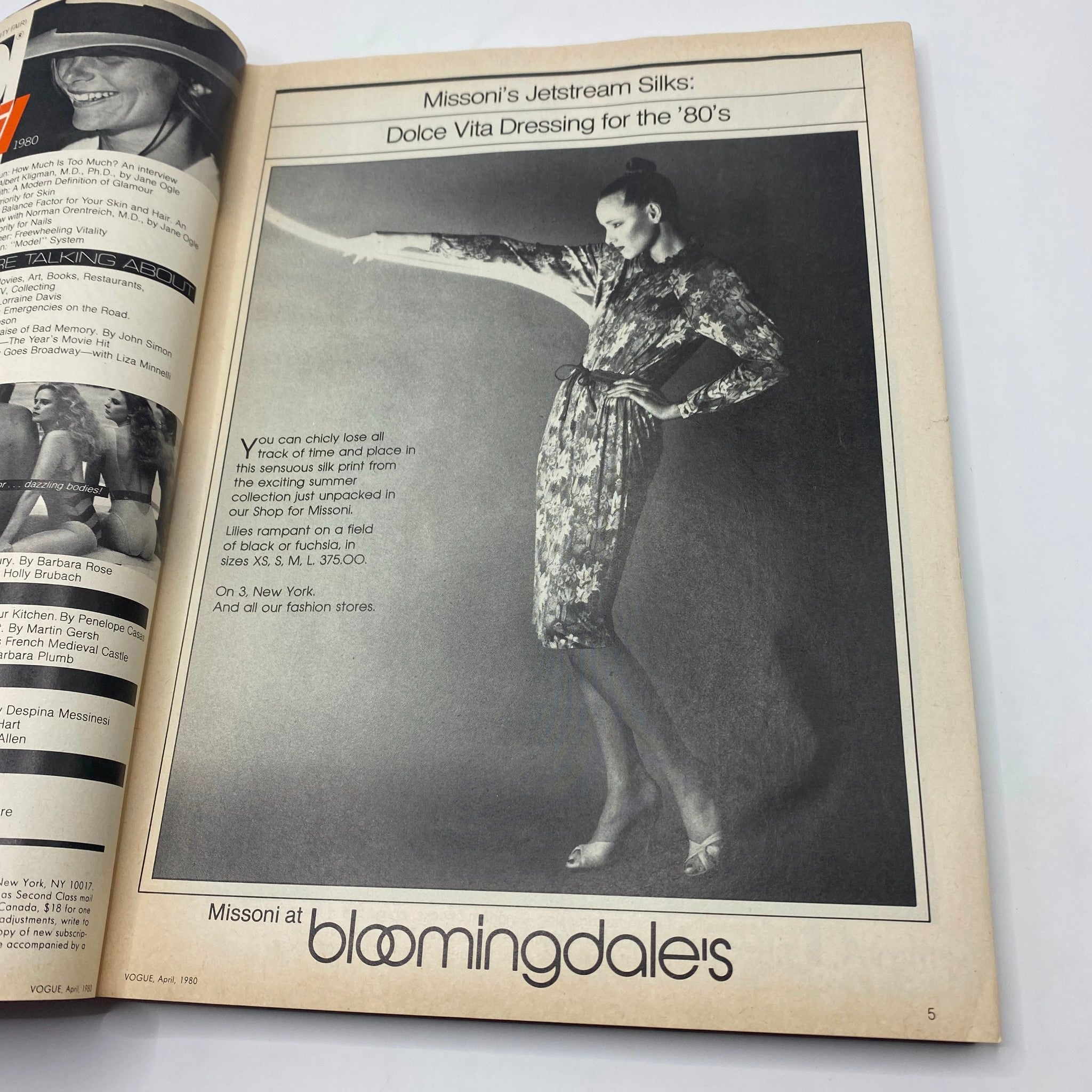 Fashion advertisement from VTG Vogue Magazine April 1980 featuring Missoni's Jetstream Silks, highlighting 1980s style clothing.
