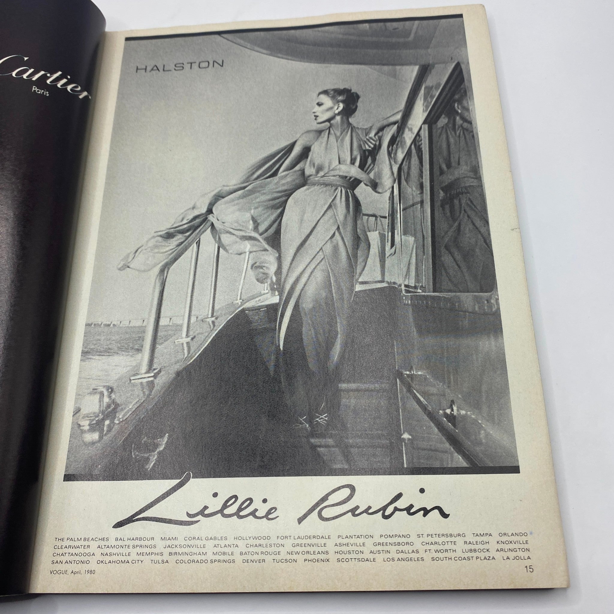 Elegant black and white advertisement from VTG Vogue Magazine April 1980 showcasing Lillie Rubin's fashion designs.