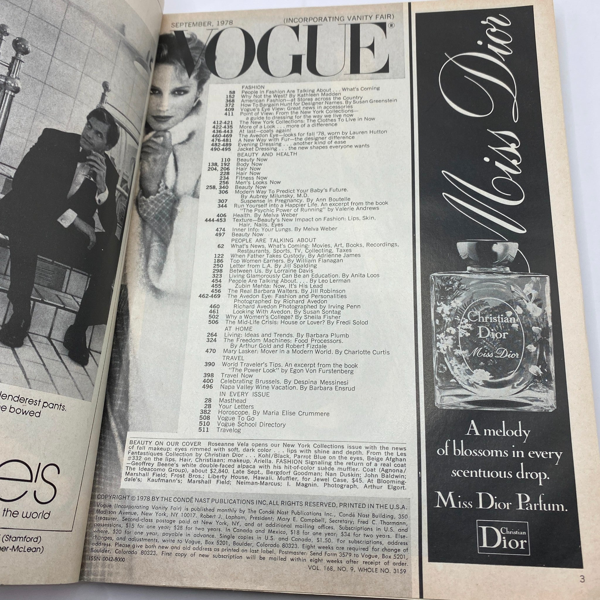VTG Vogue Magazine September 1978 Rosie Vela by Arthur Elgort, featuring the magazine's contents page with fashion articles and advertisements.