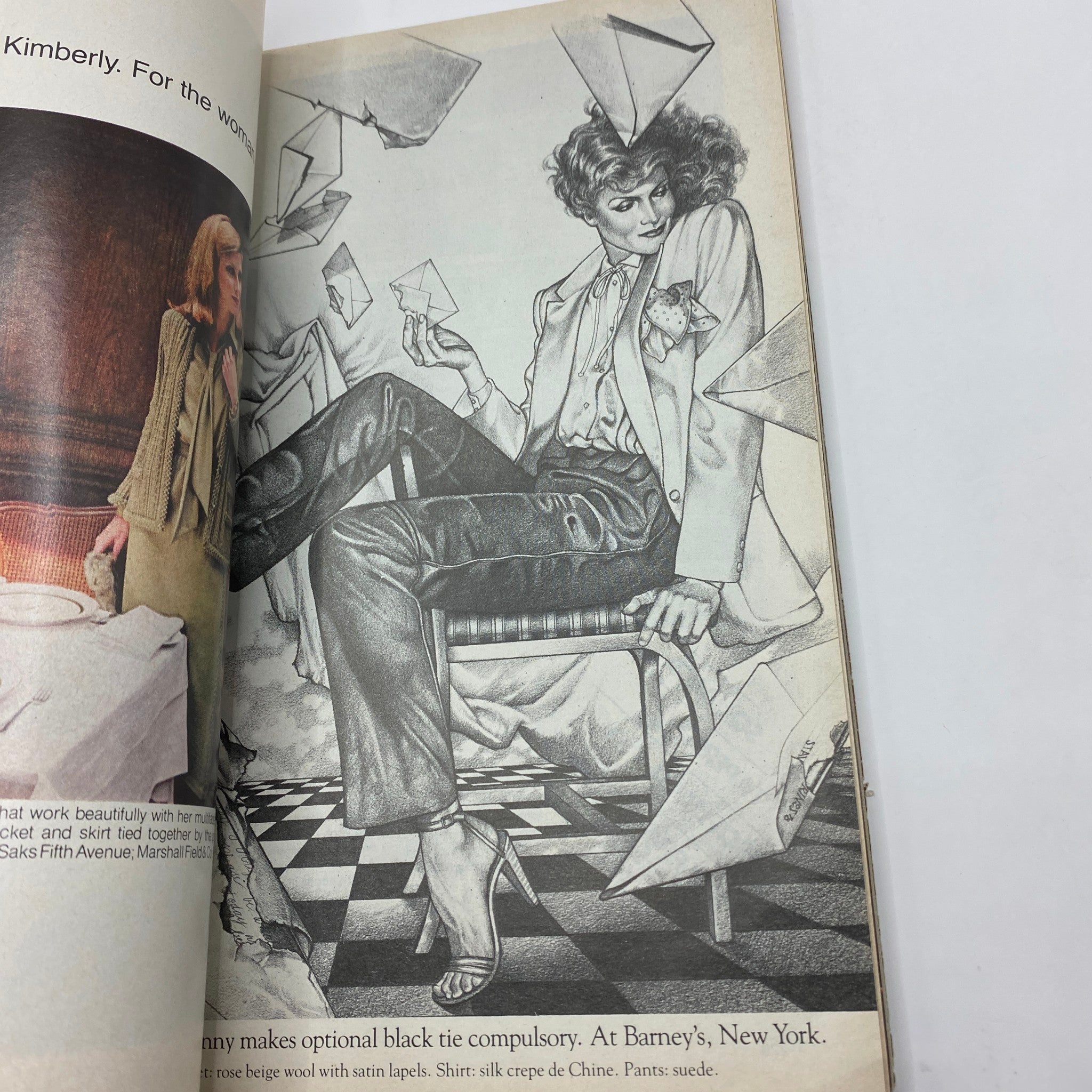 VTG Vogue Magazine September 1978 Rosie Vela by Arthur Elgort, showcasing an artistic illustration of a model in stylish attire surrounded by origami-like envelopes.