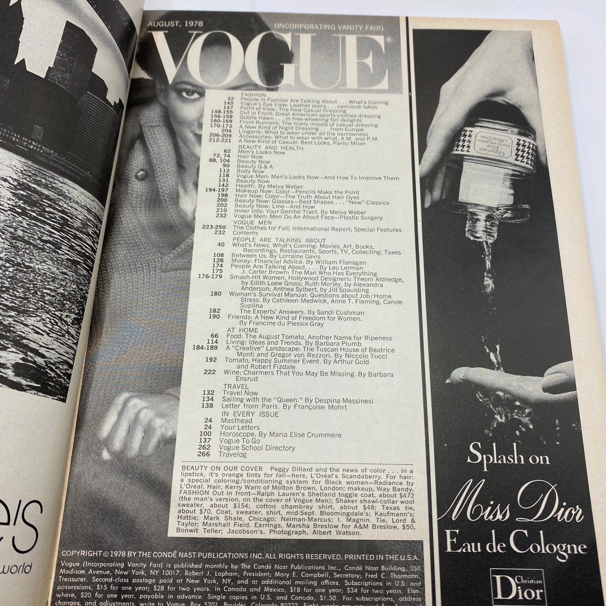 Inside page of VTG Vogue Magazine August 1978, displaying the table of contents and notable articles, reflecting the fashion and culture of the era.