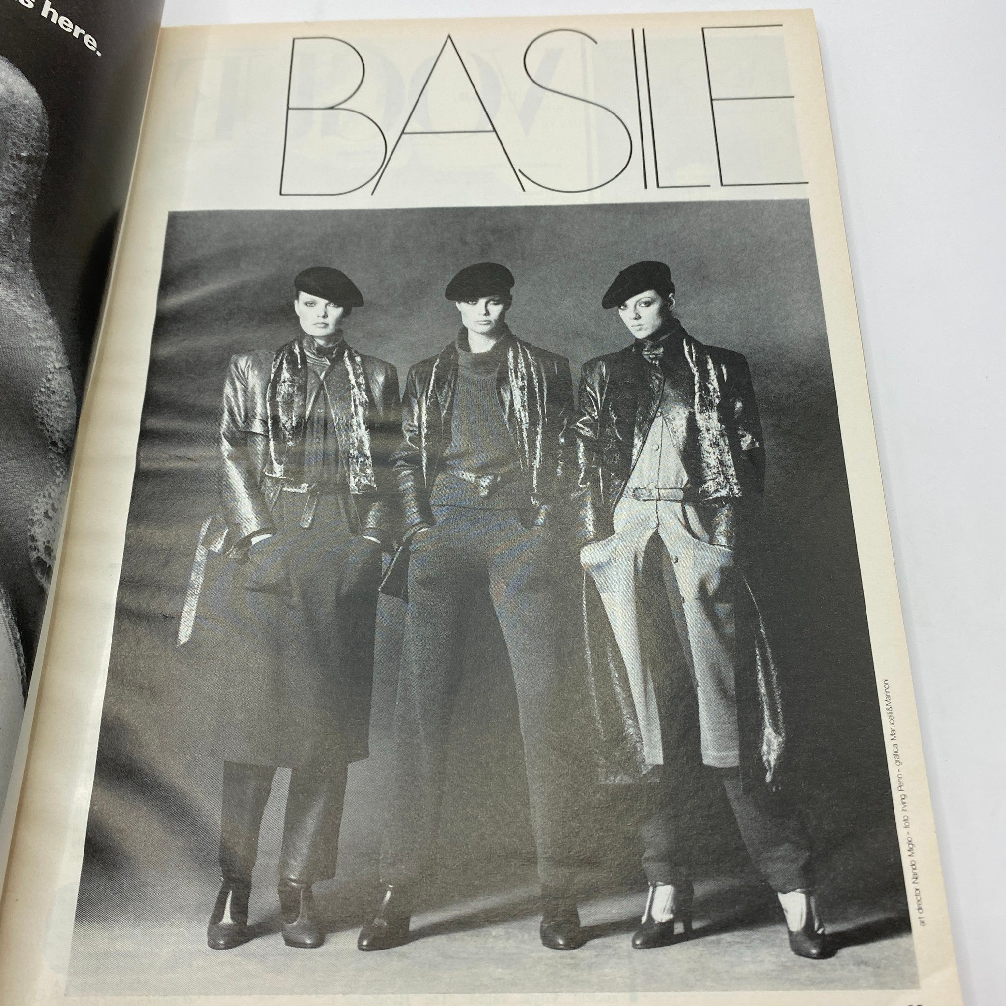VTG Vogue Magazine August 1978 featuring a striking black and white fashion editorial titled 'BASILE' showcasing models in stylish leather outfits and berets.