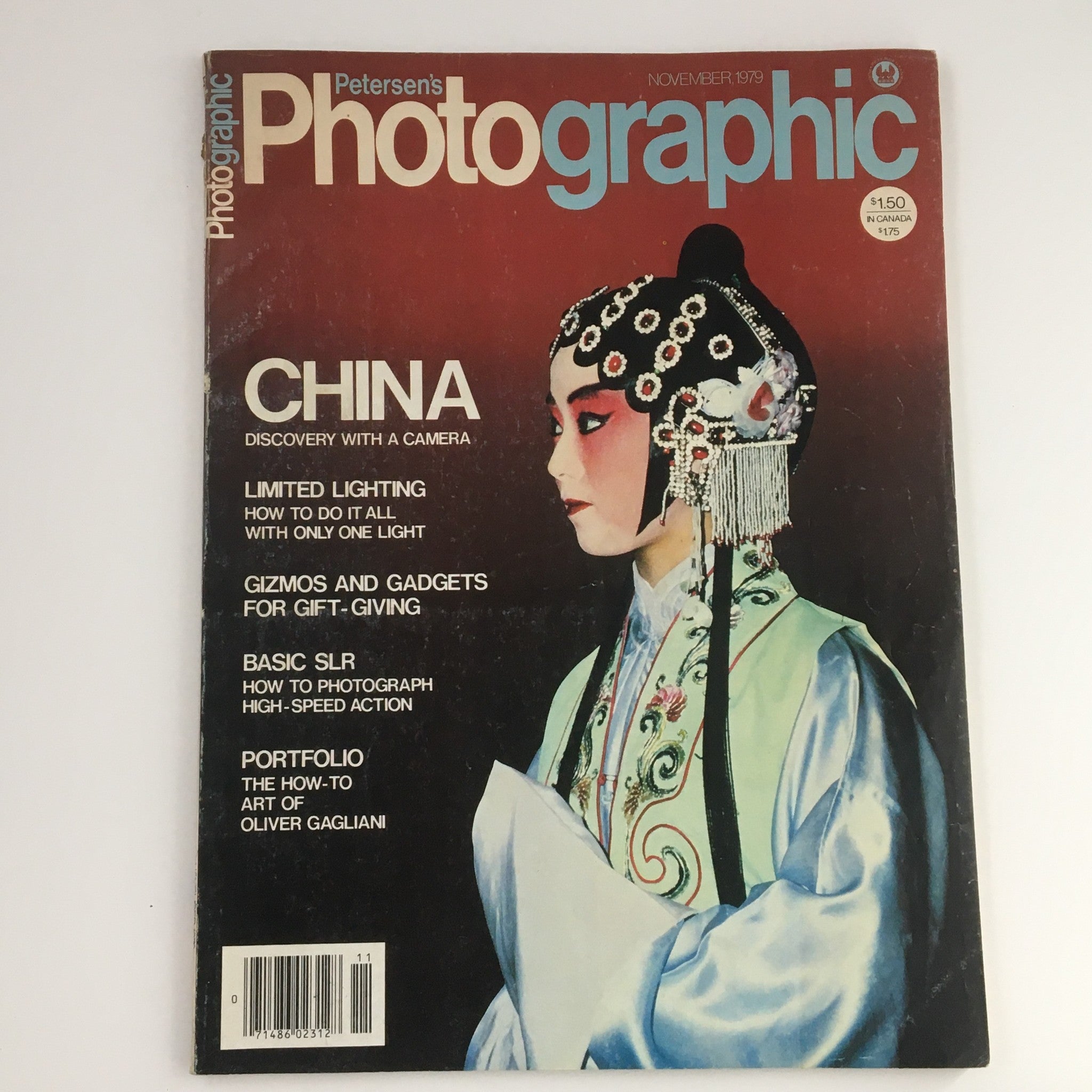 Cover page of Peterson's Photographic November 1979 featuring the title and an image of a woman in traditional attire, highlighting the Art of Oliver Gagliani Portfolio.