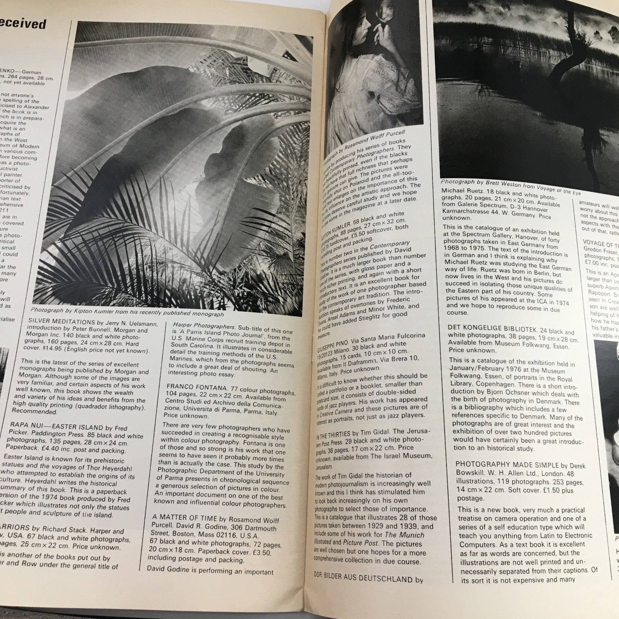 Interior page from the Creative Camera Magazine May 1976 featuring various articles and photographs, showcasing photography insights from that era.