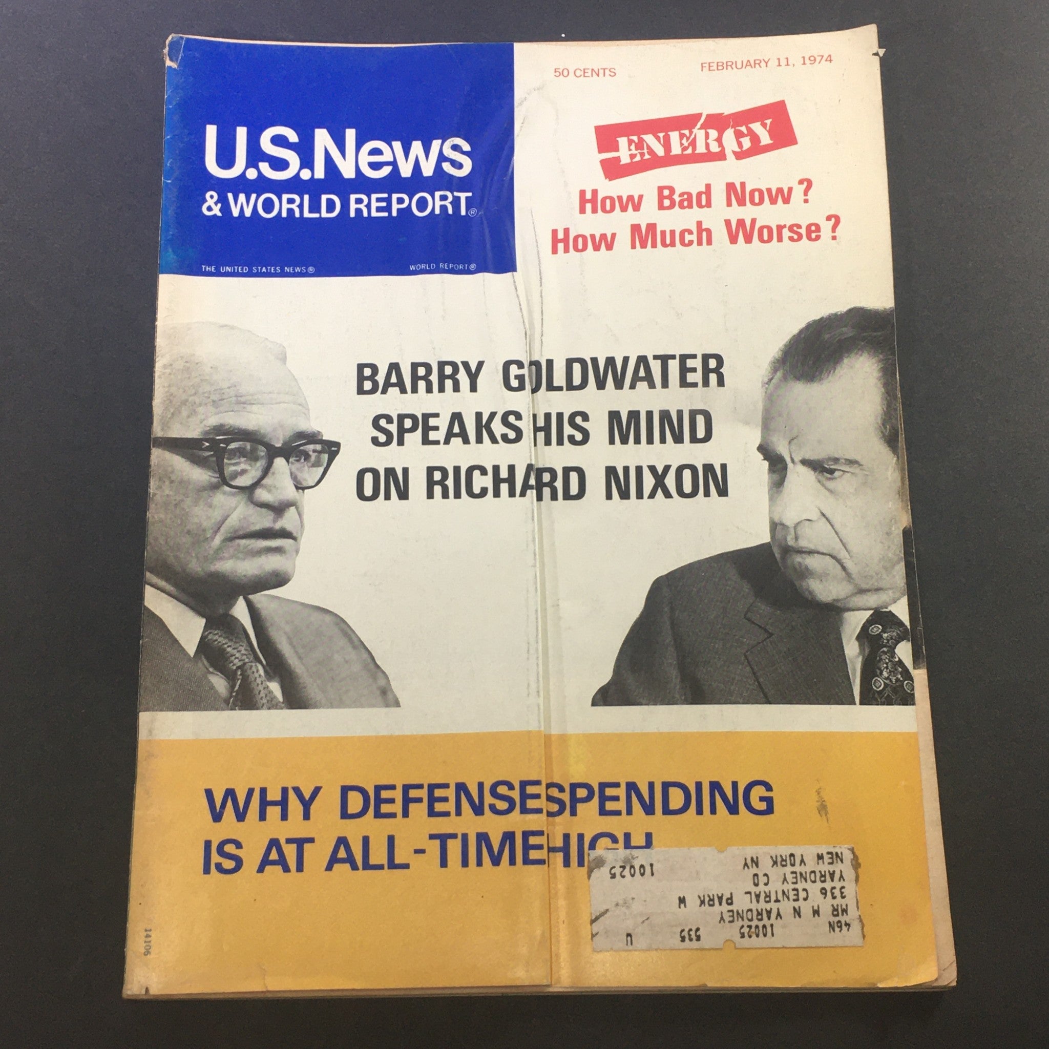 Front cover of VTG U.S. News & World Report Magazine February 11, 1974 featuring Barry Goldwater and Richard Nixon with headlines on energy and defense spending.