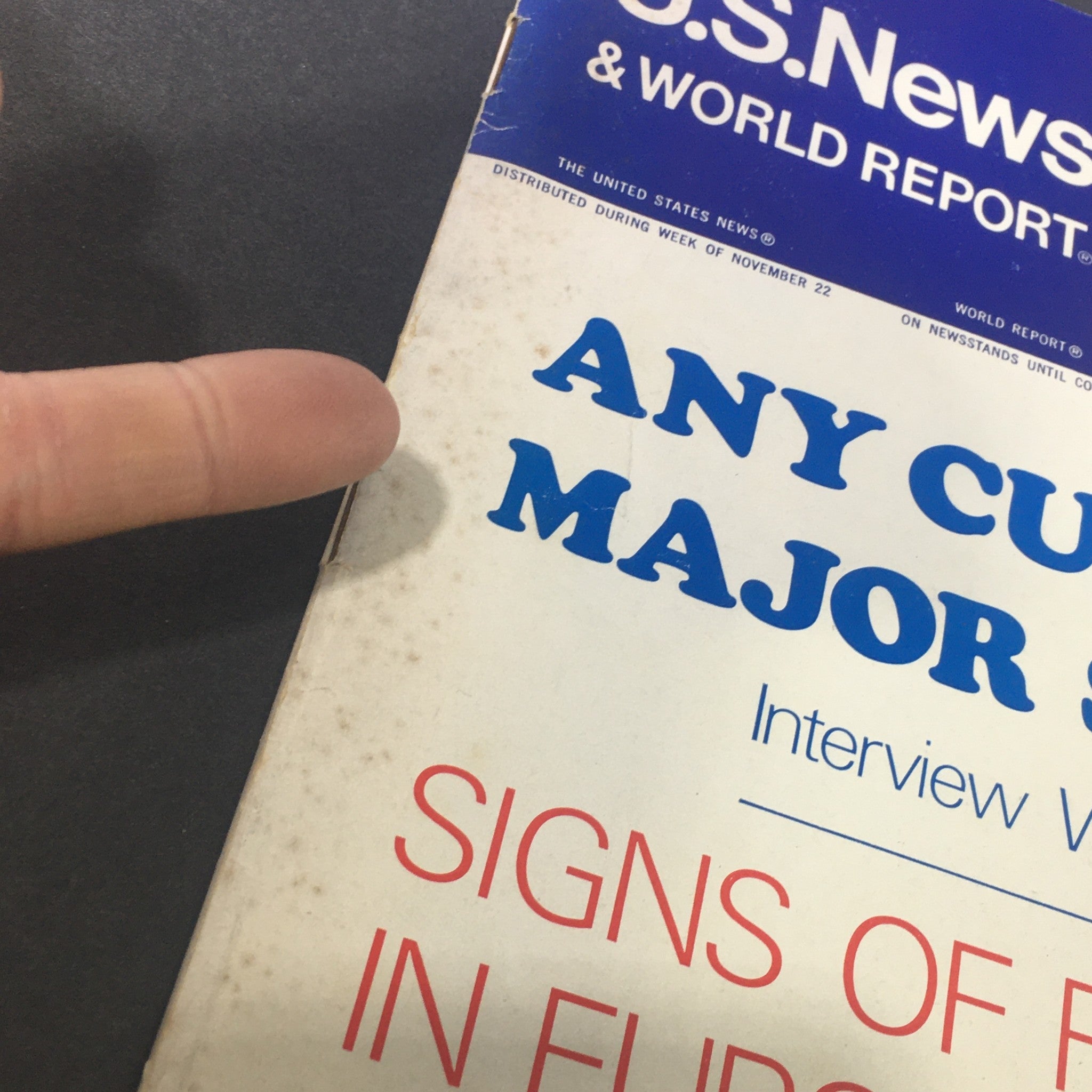 Close-up of the cover of VTG U.S. News & World Report Magazine November 29, 1971 highlighting the question about major strikes and economic indicators in Europe.