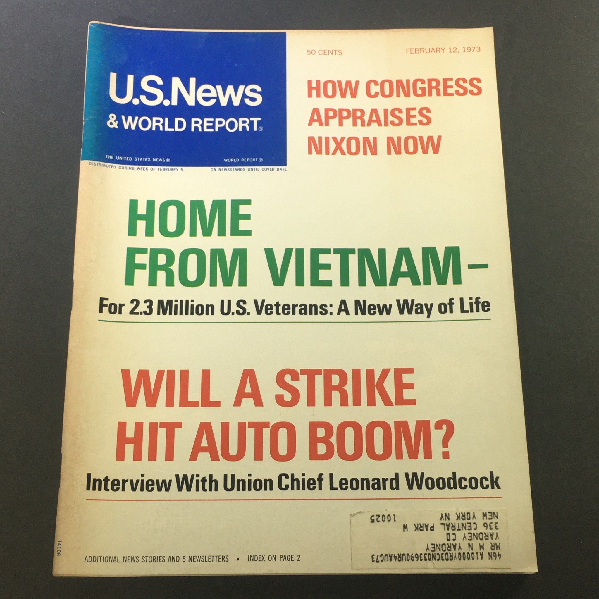 Cover of U.S. News & World Report Magazine February 12, 1973, examining how Congress appraises Richard Nixon, featuring headlines on Vietnam veterans and auto industry strikes.
