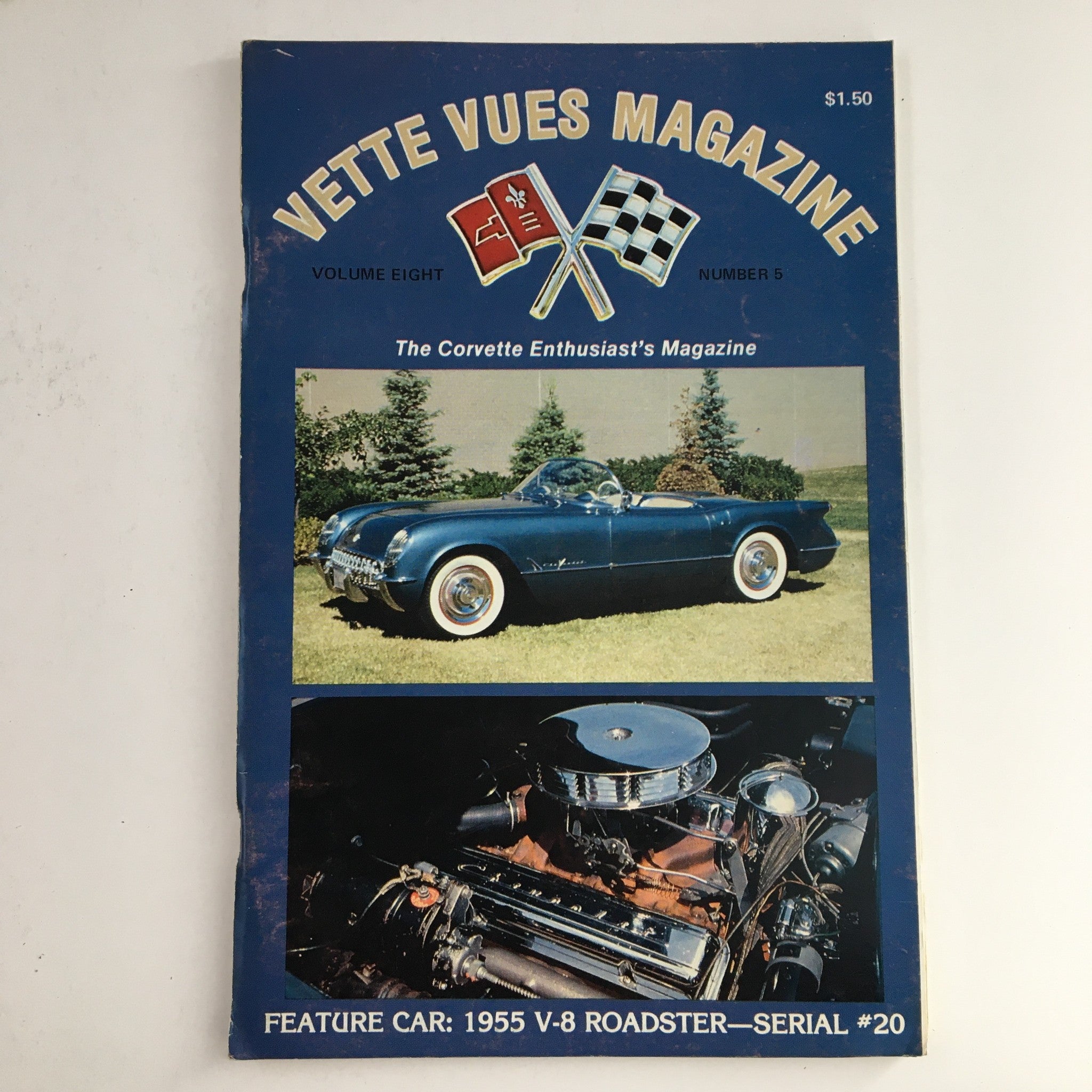 Cover of Vette Vues Magazine November 1979, Volume 8 Number 5 featuring the 1955 V-8 Roadster, Serial #20 with an elegant blue design and Corvette themed graphics.