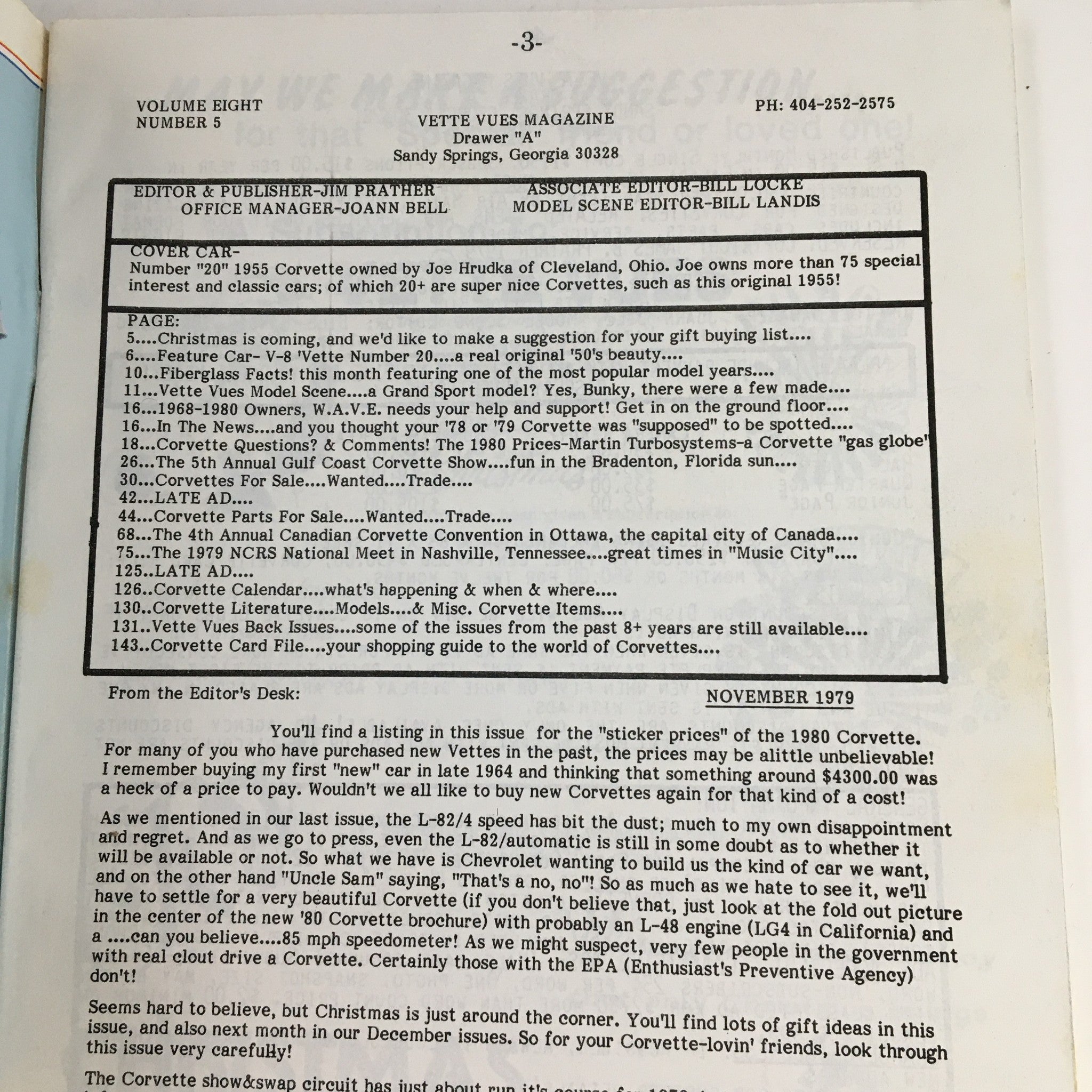 Interior page of Vette Vues Magazine November 1979, Volume 8 Number 5 showcasing the table of contents and editorial notes, highlighting features and articles related to the 1955 V-8 Roadster.