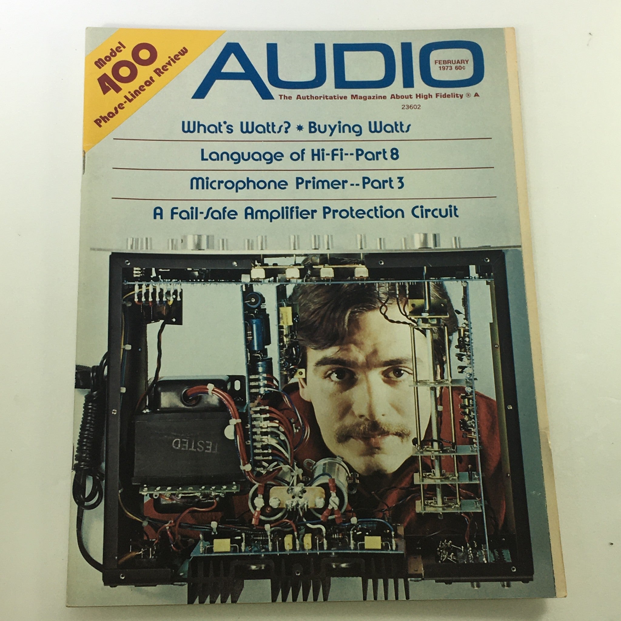 VTG Audio and Music Magazine February 1973 cover featuring 'A Fail-Safe Amplifier Protection' article, showcasing vintage audio technology with a graphic design characteristic of the 1970s.