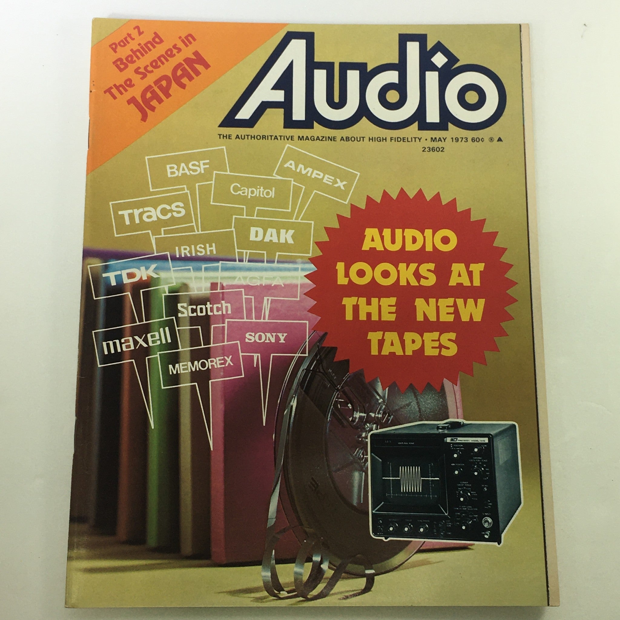 Cover of VTG Audio and Music Magazine May 1973 featuring a vibrant design with the headline 'Audio Looks at The New Tapes' and elements showcasing audio technology and brands.