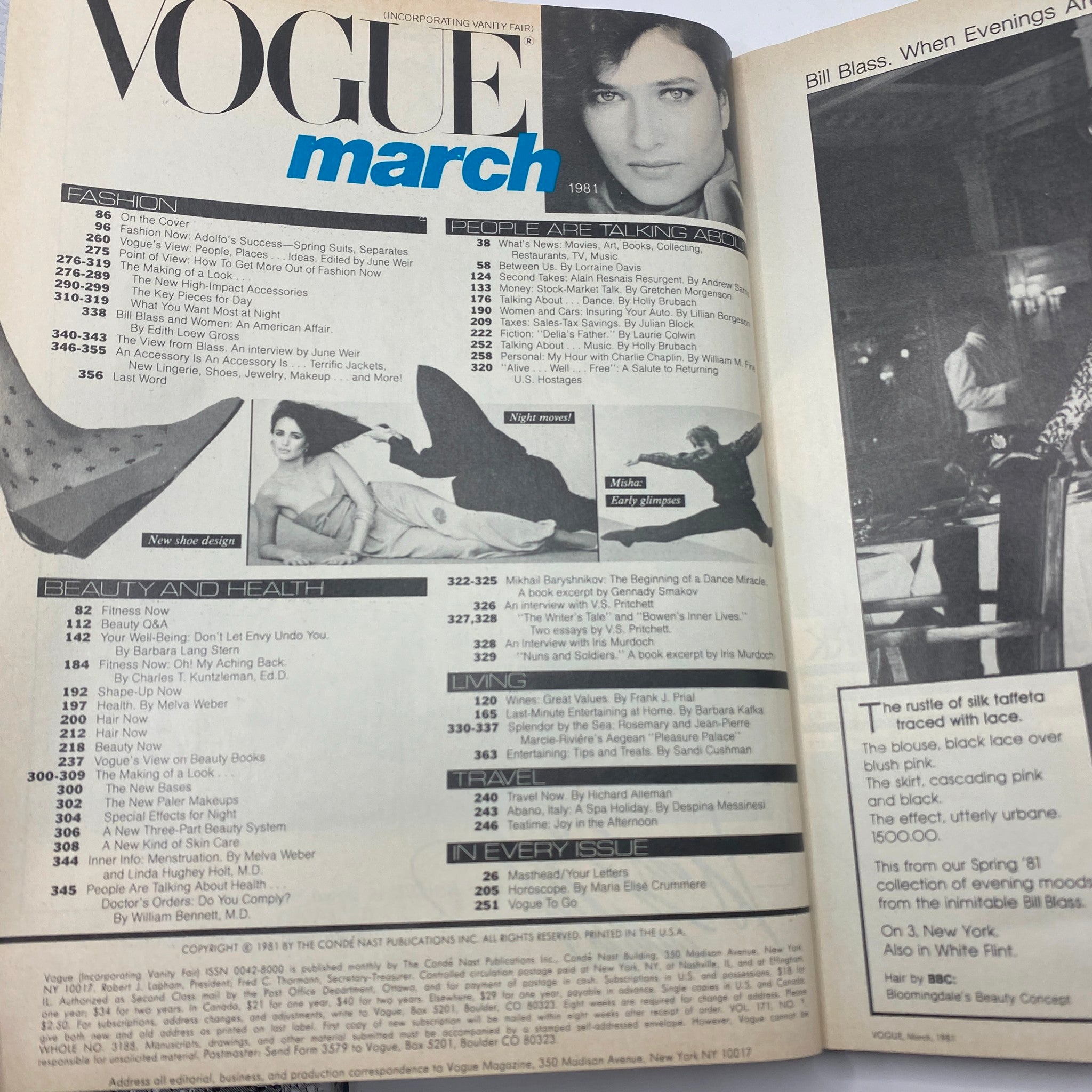 Interior page of VTG Vogue Magazine March 1981 showing the contents list and features, reflecting 1980s fashion and beauty trends.