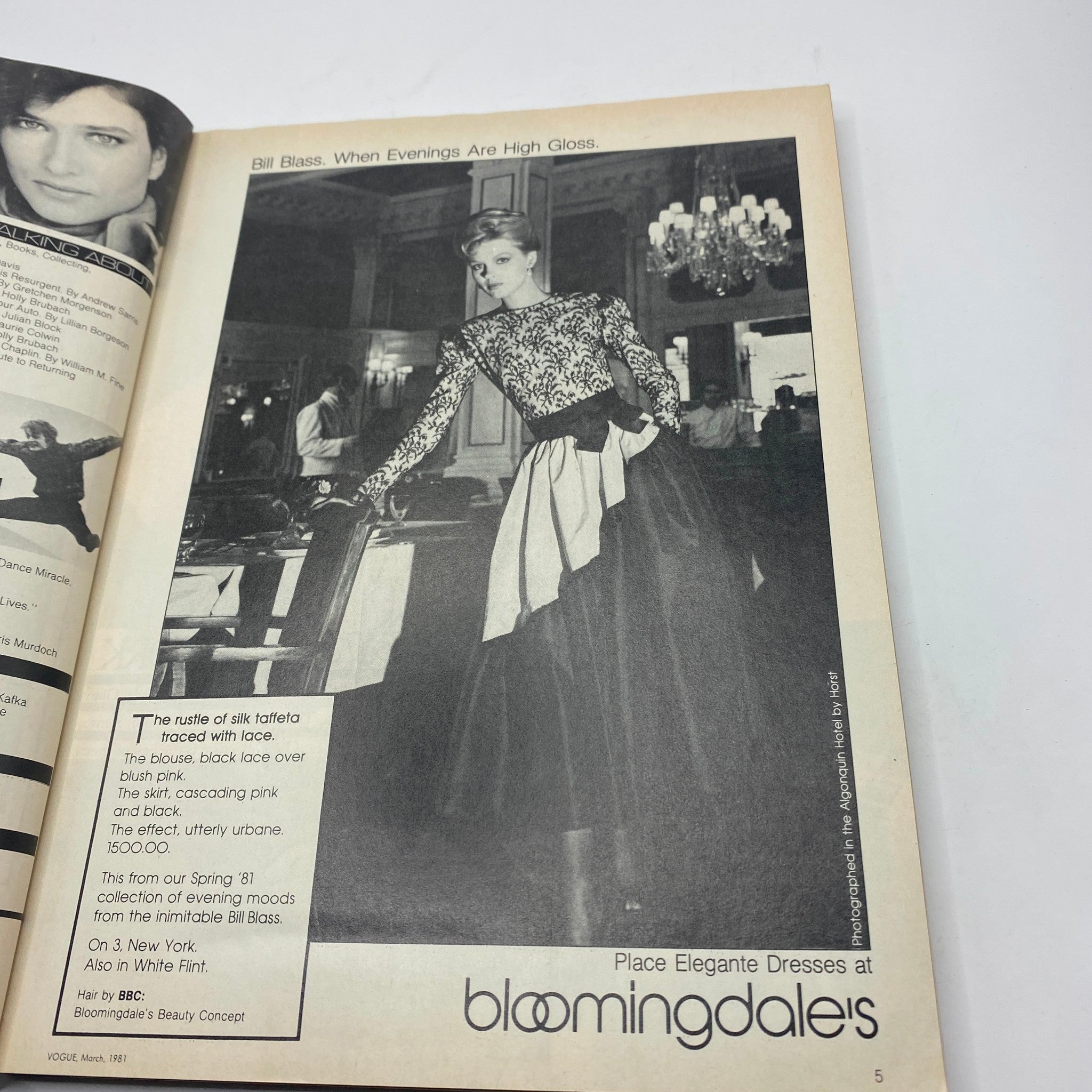 Bill Blass evening dress advertisement from VTG Vogue Magazine March 1981, featuring a model in elegant attire against a luxurious backdrop, highlighting 1980s fashion.